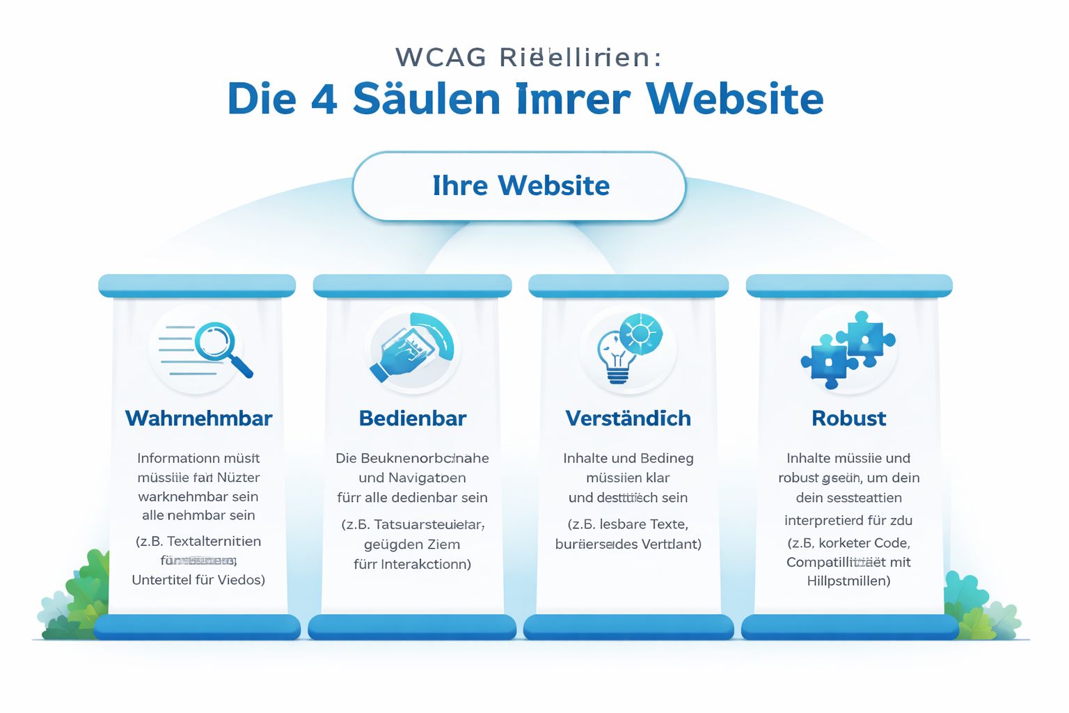 Eine Infografik erklärt die vier Säulen der barrierefreien Website: Wahrnehmbar, Bedienbar, Verständlich und Robust gemäß WCAG-Richtlinien.