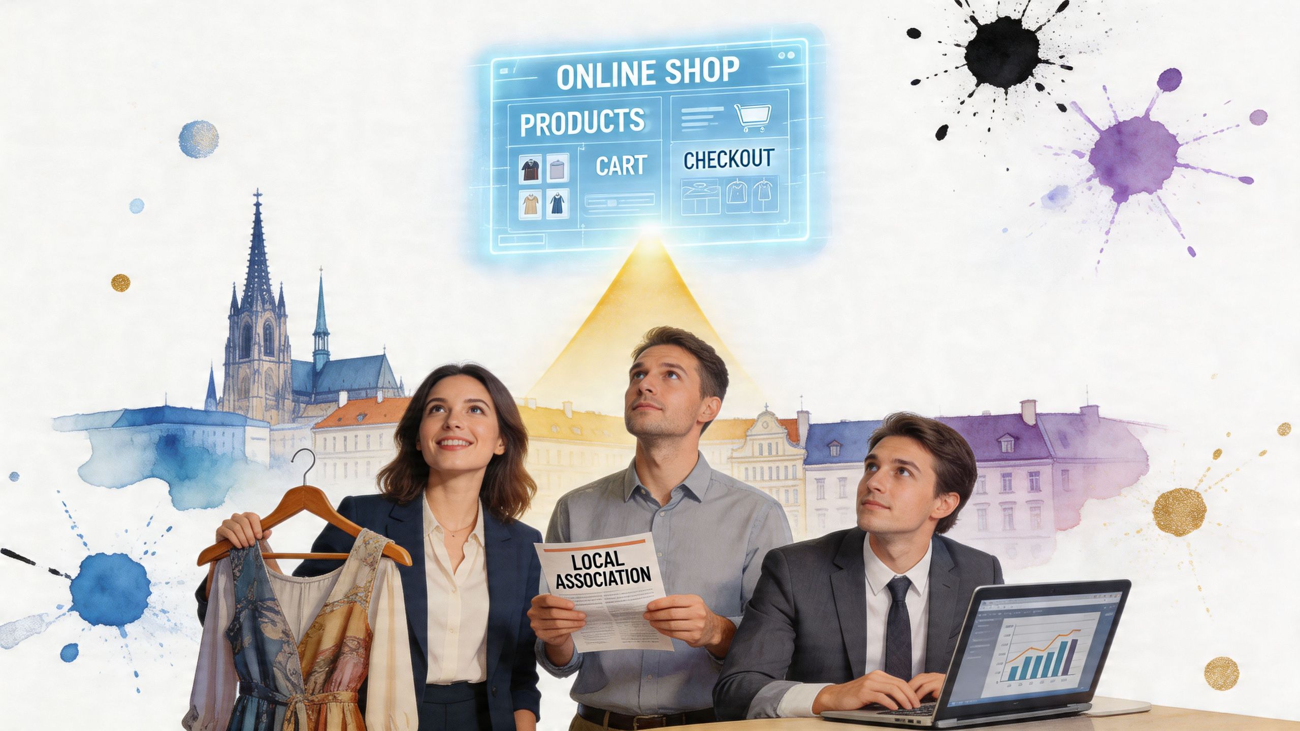 Drei Geschäftspartner planen gemeinsam die Erstellung eines Online-Shops zur Digitalisierung lokaler Einzelhandelsangebote in der Stadt.