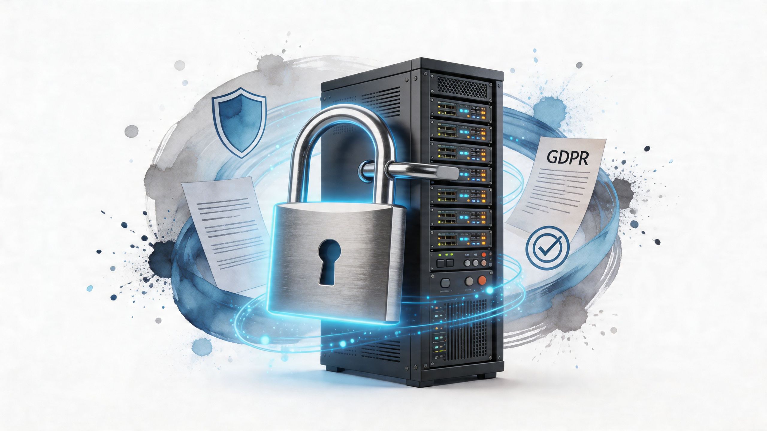 Ein moderner Server mit einem großen Vorhängeschloss geschützt, dargestellt mit GDPR-Dokumenten für Datensicherheit im Internet.