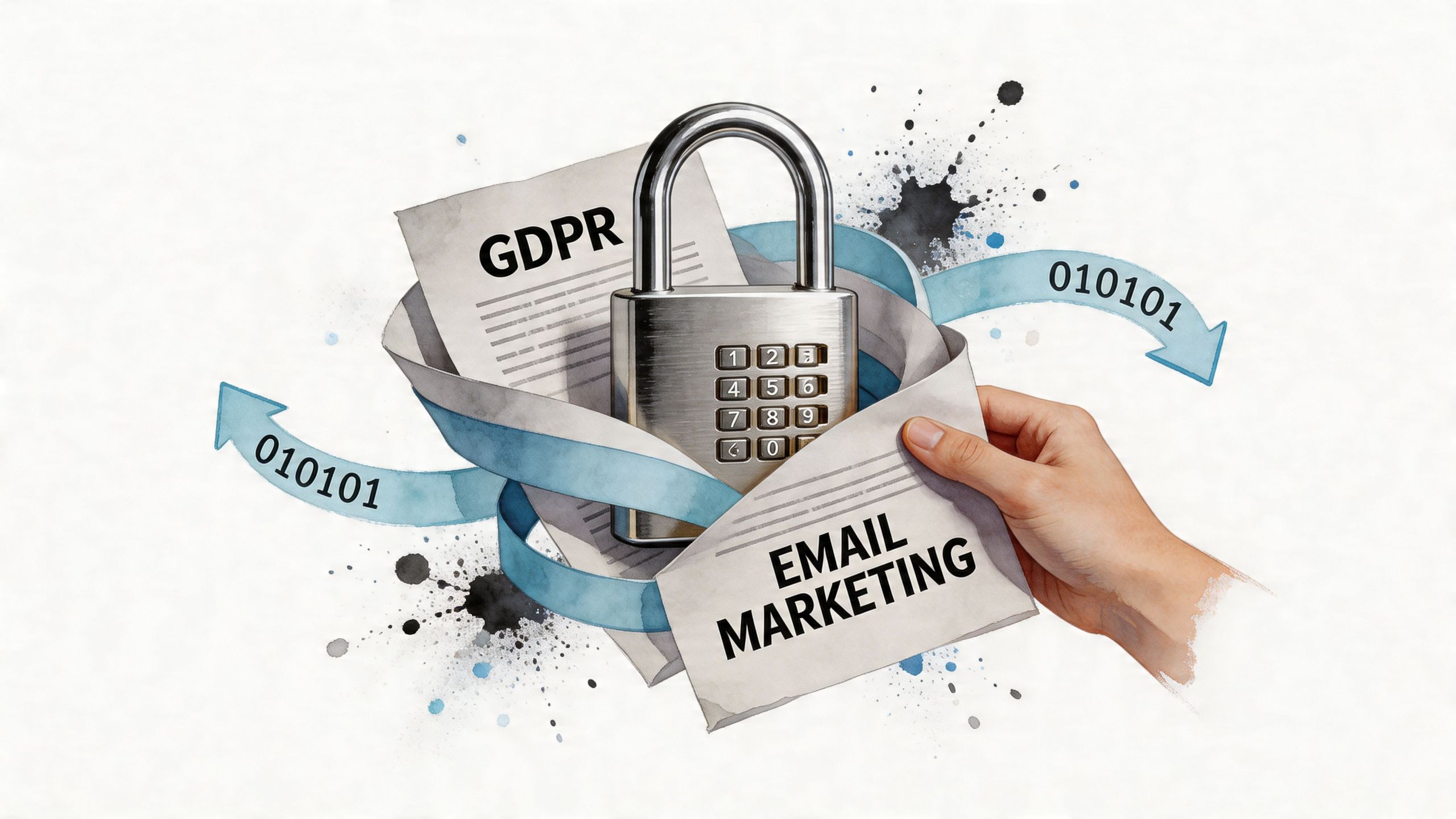 Eine Hand hält ein Blatt mit Email Marketing neben einem GDPR-Dokument mit einem Zahlenschloss und Binärcodes.