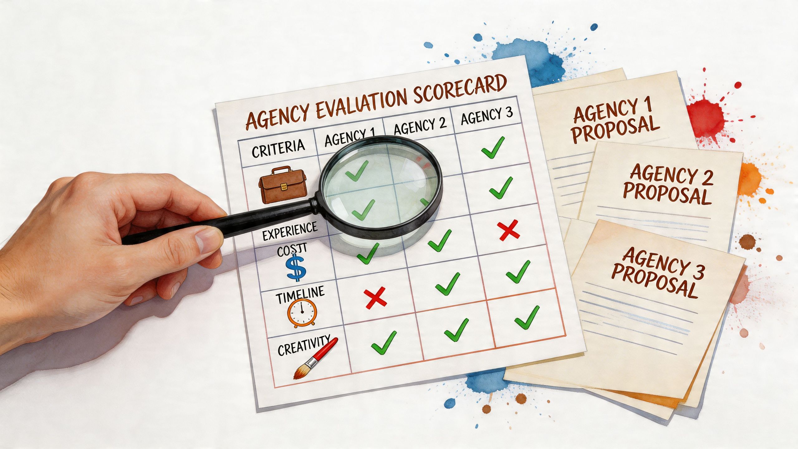 Eine Hand hält eine Lupe über eine Agenturbewertungstabelle mit verschiedenen Bewertungskriterien und Ergebnissen für drei Agenturen.