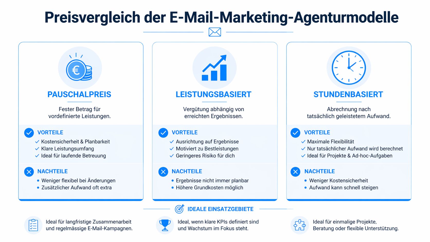 Vergleichsgrafik von verschiedenen Preismodellen für E-Mail-Marketing-Agenturen mit Vor- und Nachteilen für Pauschal-, leistungsbasierte und stundenbasierte Abrechnung.