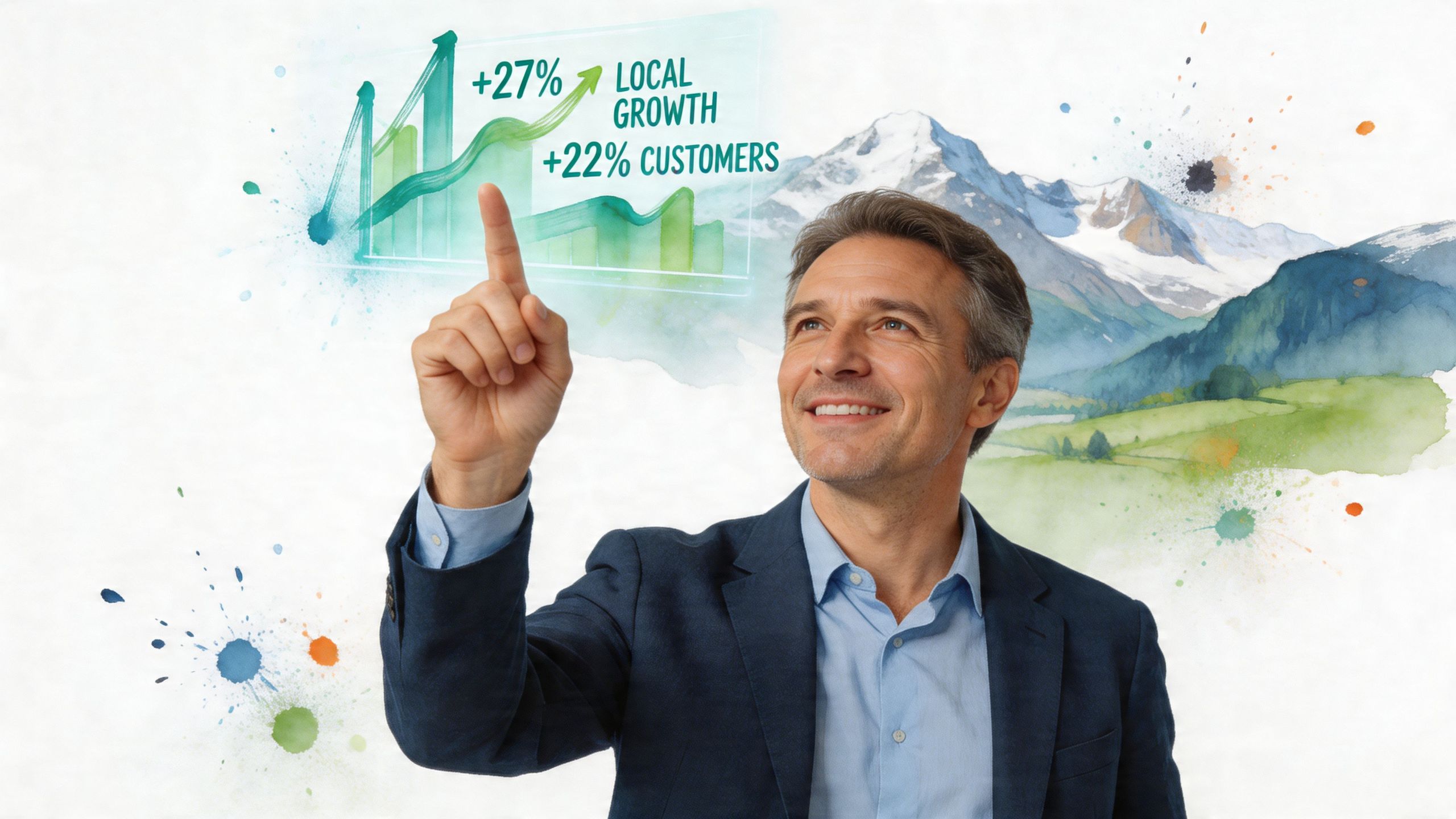 Ein lächelnder Geschäftsmann interagiert mit einer digitalen Grafik, die lokales Wachstum und Kundenzuwachs in Prozent anzeigt.