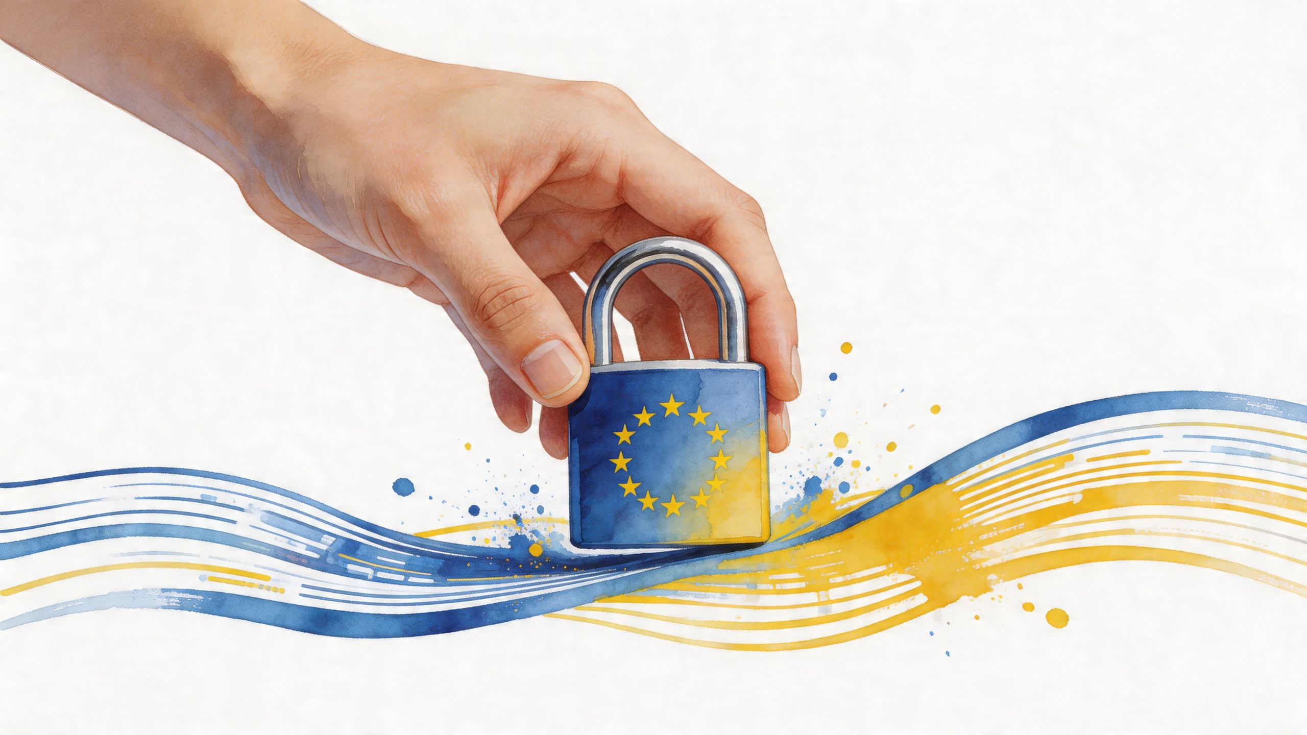 Eine Hand hält ein Vorhängeschloss mit den Sternen der Europäischen Union über einer blau-gelben abstrakten Welle.