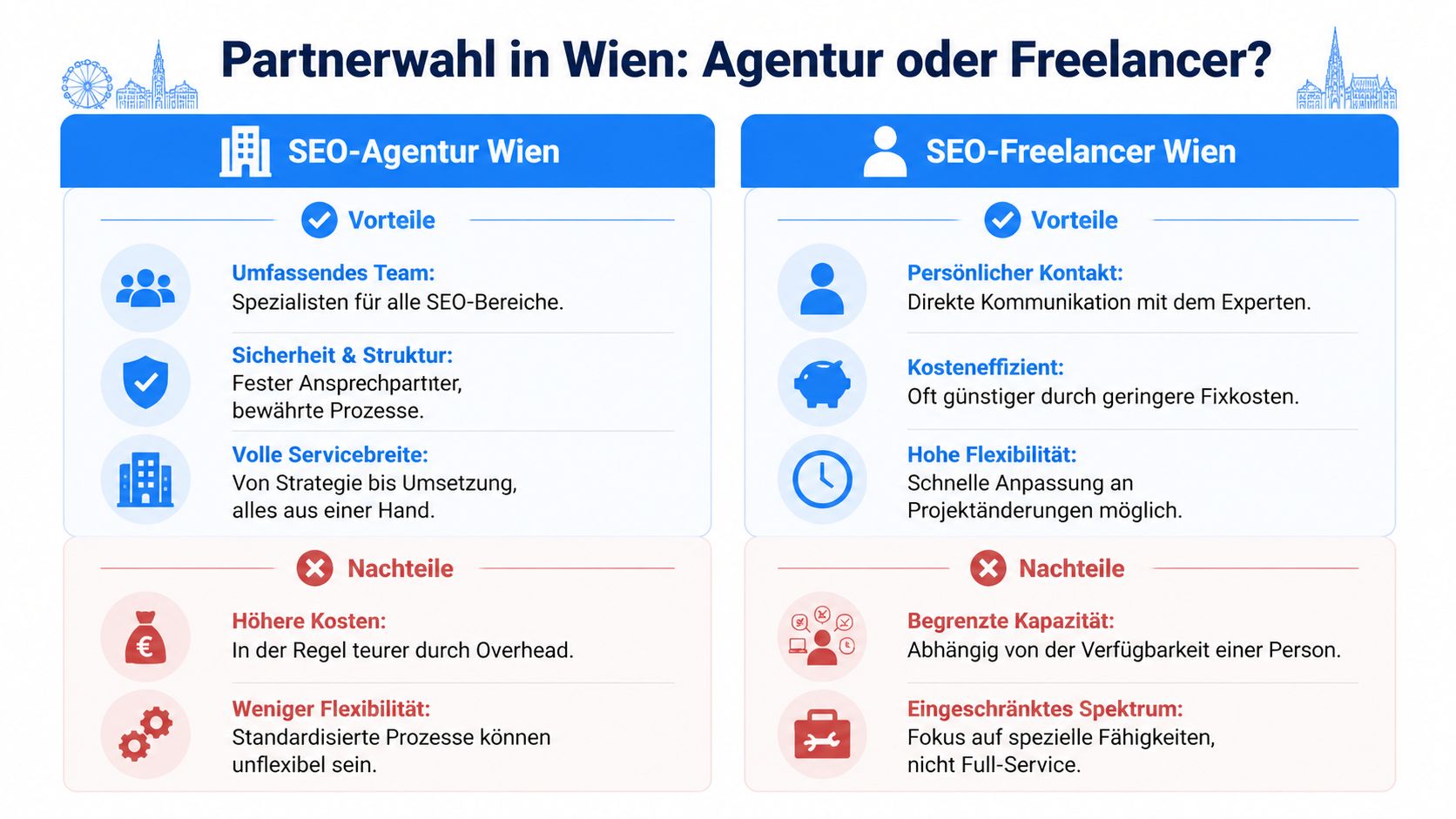 Infografik zum Vergleich zwischen einer SEO-Agentur und einem Freelancer in Wien mit Vor- und Nachteilen.