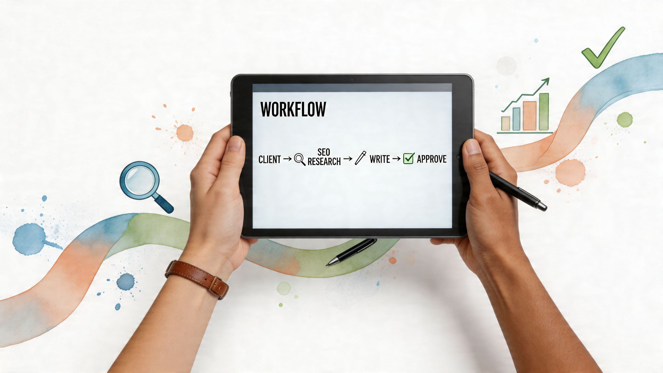 Eine Person hält ein Tablet, auf dem die Schritte eines SEO-Workflows von der Kundenanfrage bis zur Genehmigung dargestellt sind.