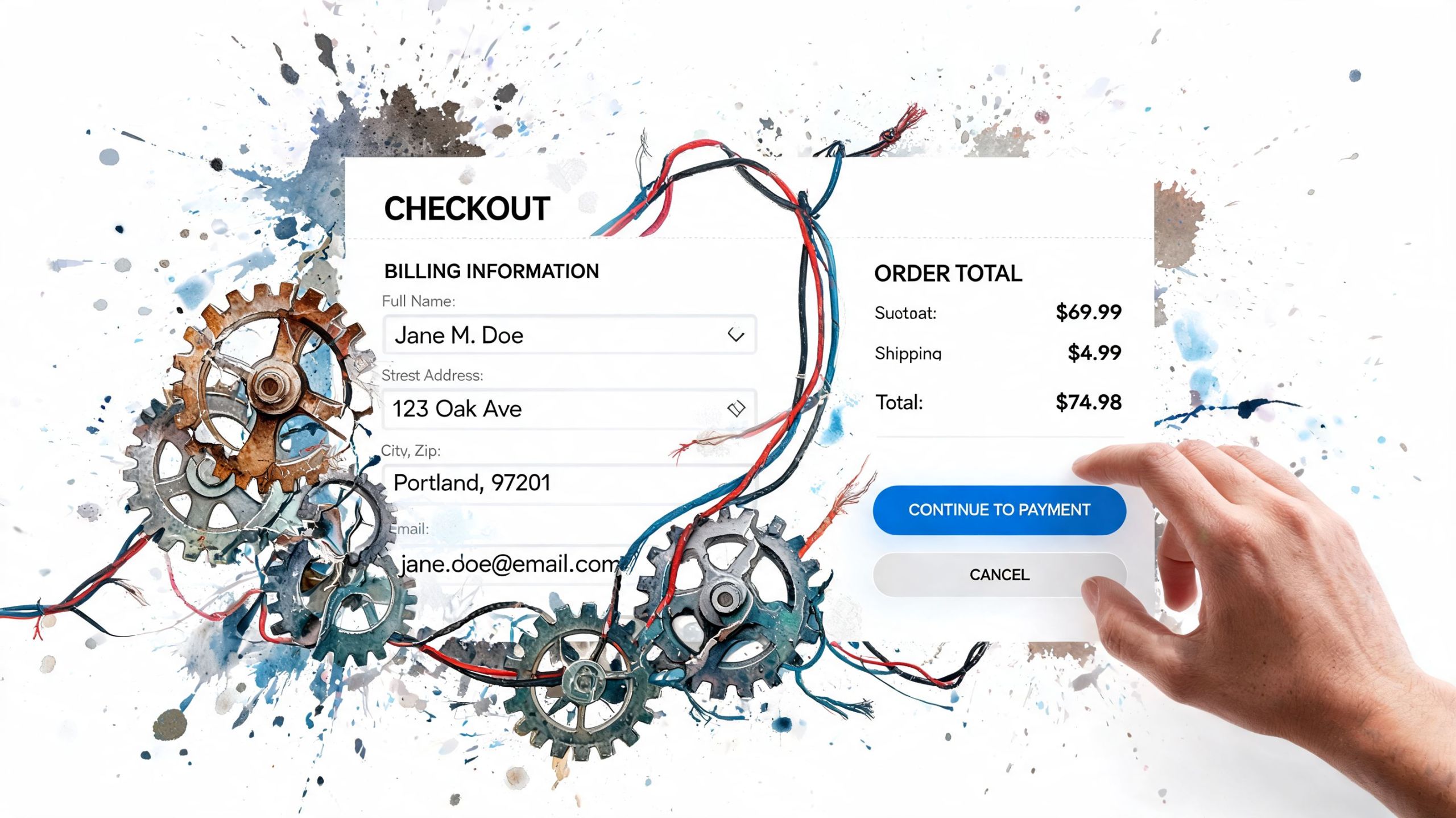 Eine Hand tippt auf einen digitalen Checkout-Button während ein Kassenformular mit Zahnrädern im Hintergrund angezeigt wird.