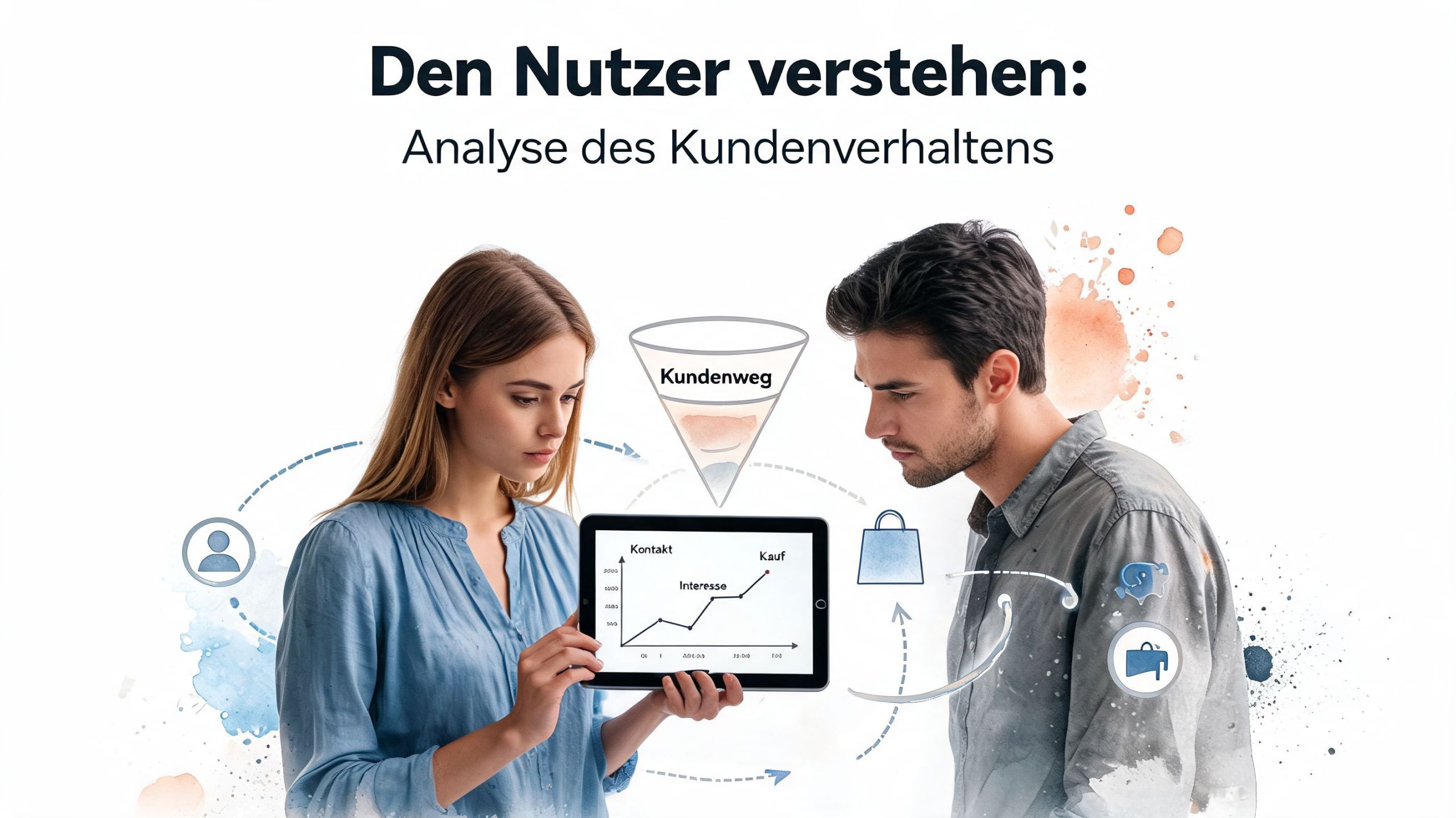 Eine Frau und ein Mann analysieren gemeinsam eine Grafik zur Steigerung der Conversion Rate auf einem Tablet.