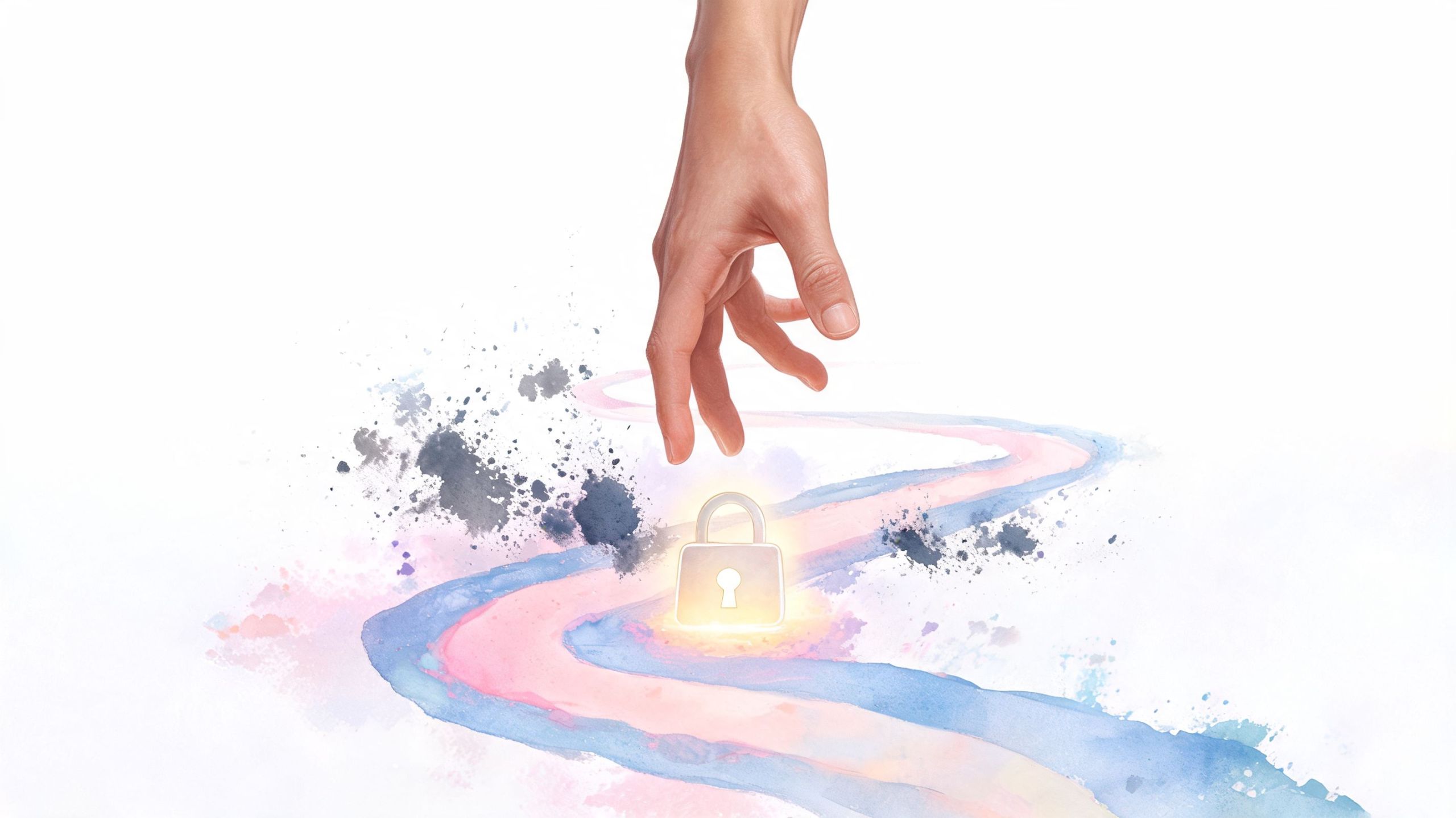 Eine menschliche Hand, die von oben nach einem leuchtenden Vorhängeschloss greift, welches auf einem farbigen Aquarellweg platziert ist.