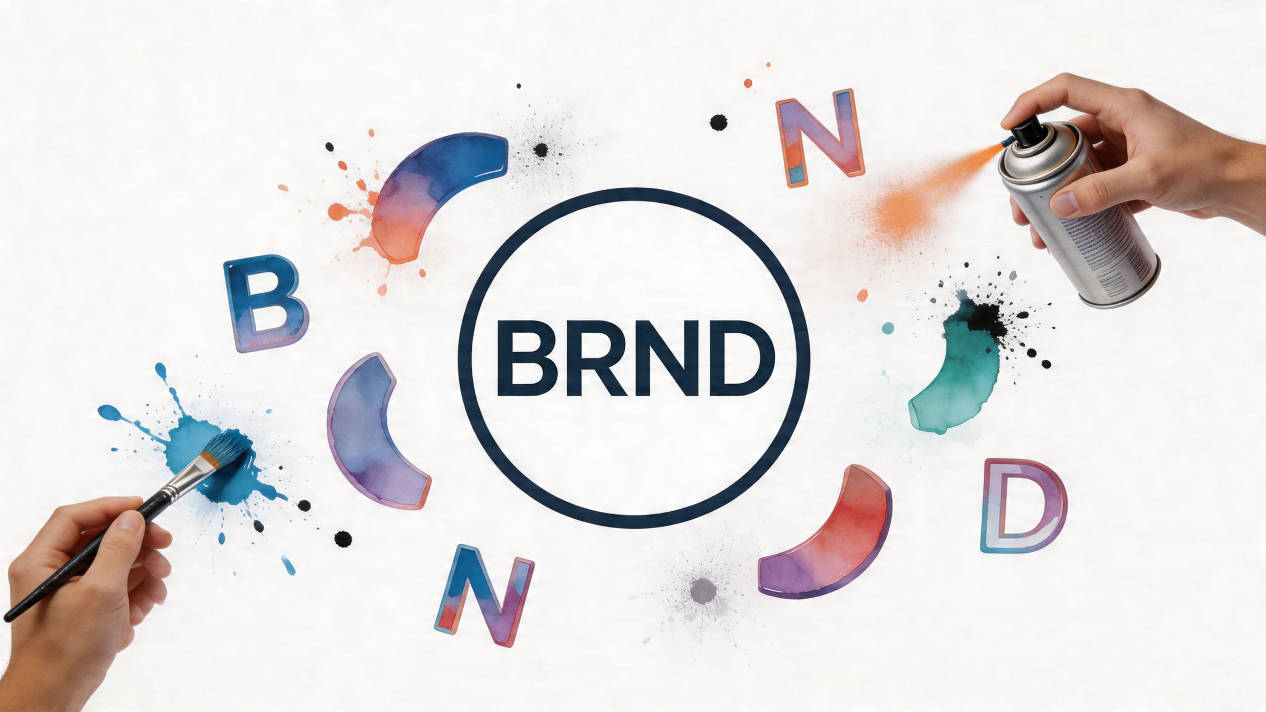 Zwei Hände, die mit Pinsel und Sprühdose ein Logo-Design auf einem weißen Hintergrund künstlerisch kreativ gestalten.