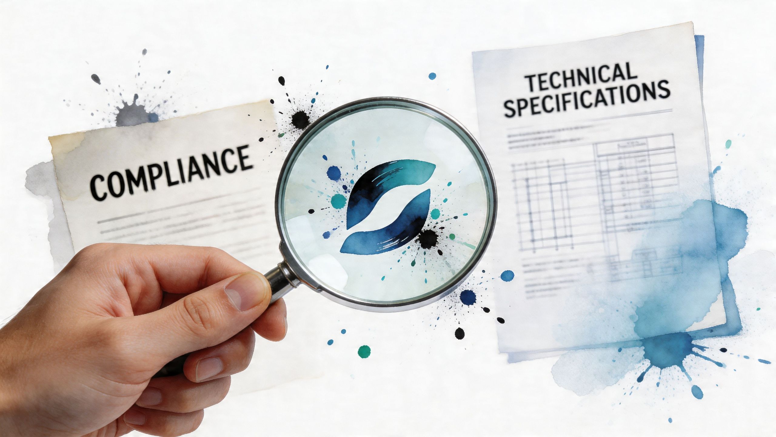 Eine Hand hält eine Lupe über ein Logo, umgeben von Dokumenten zur Compliance und technischen Spezifikationen.