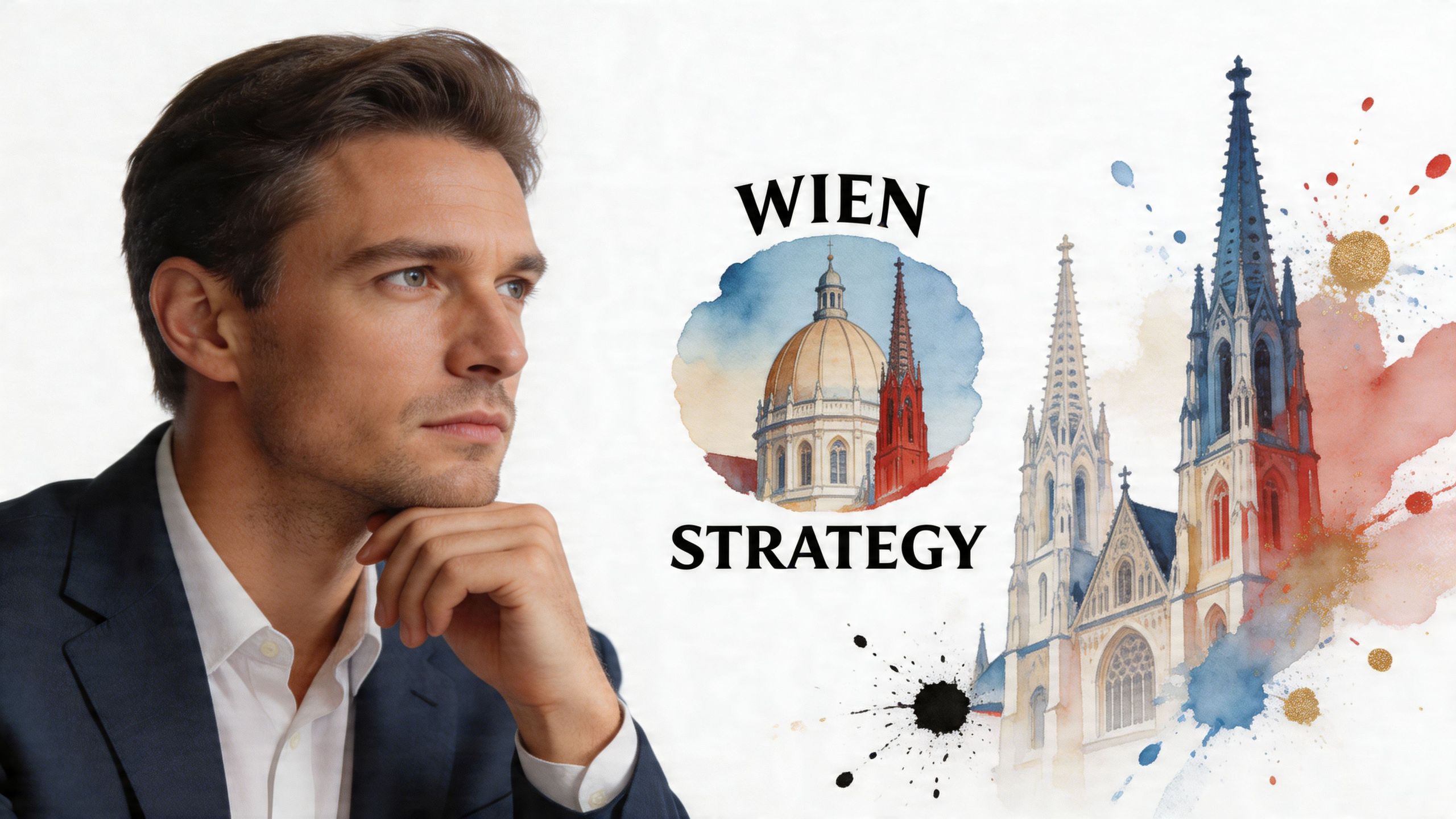 Ein Geschäftsmann blickt nachdenklich neben einer Illustration der Wiener Votivkirche mit dem Text Wien Strategie.