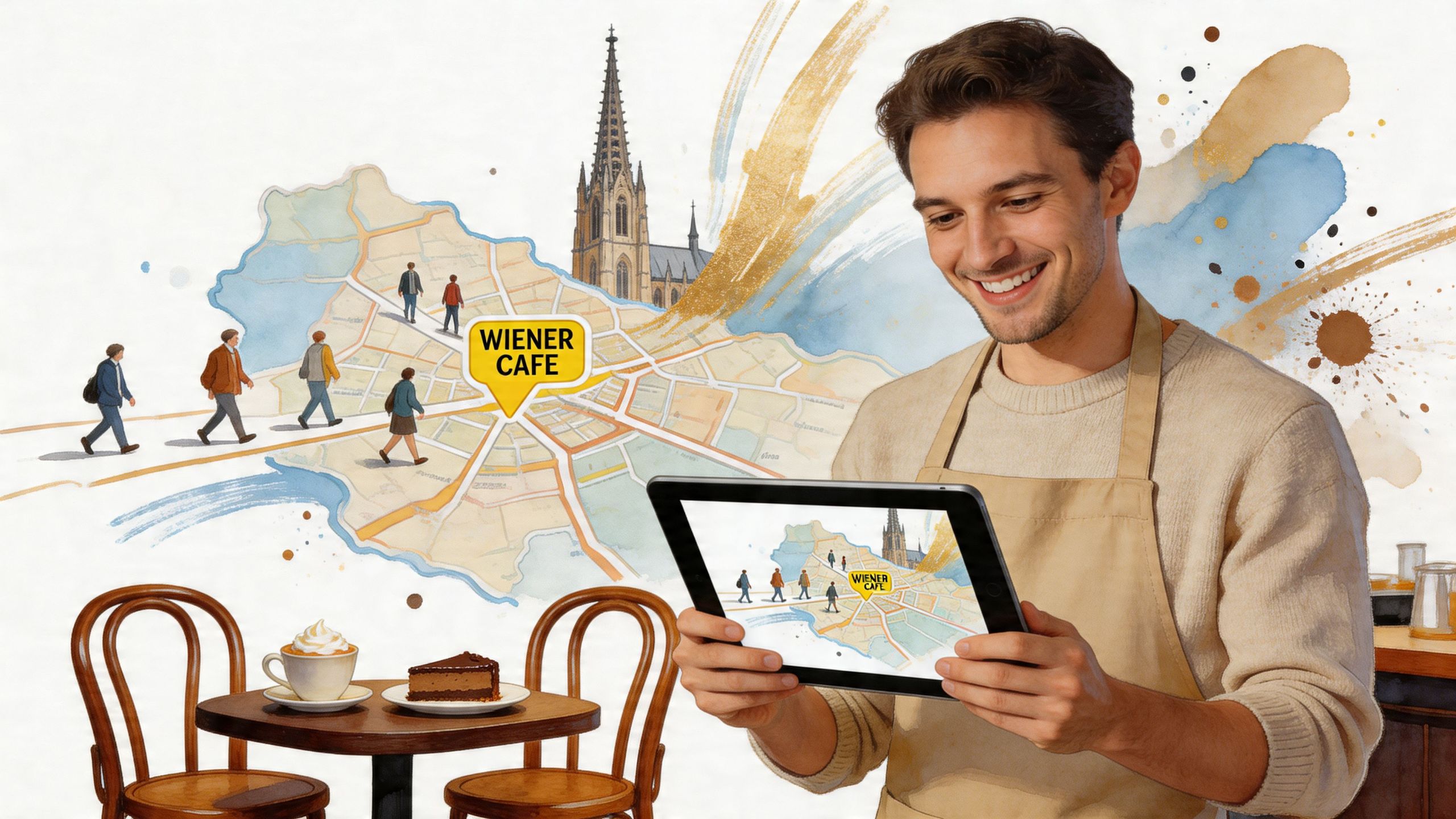 Ein lächelnder Kellner hält ein Tablet, auf dem eine interaktive Karte mit dem Wiener Cafe zu sehen ist.