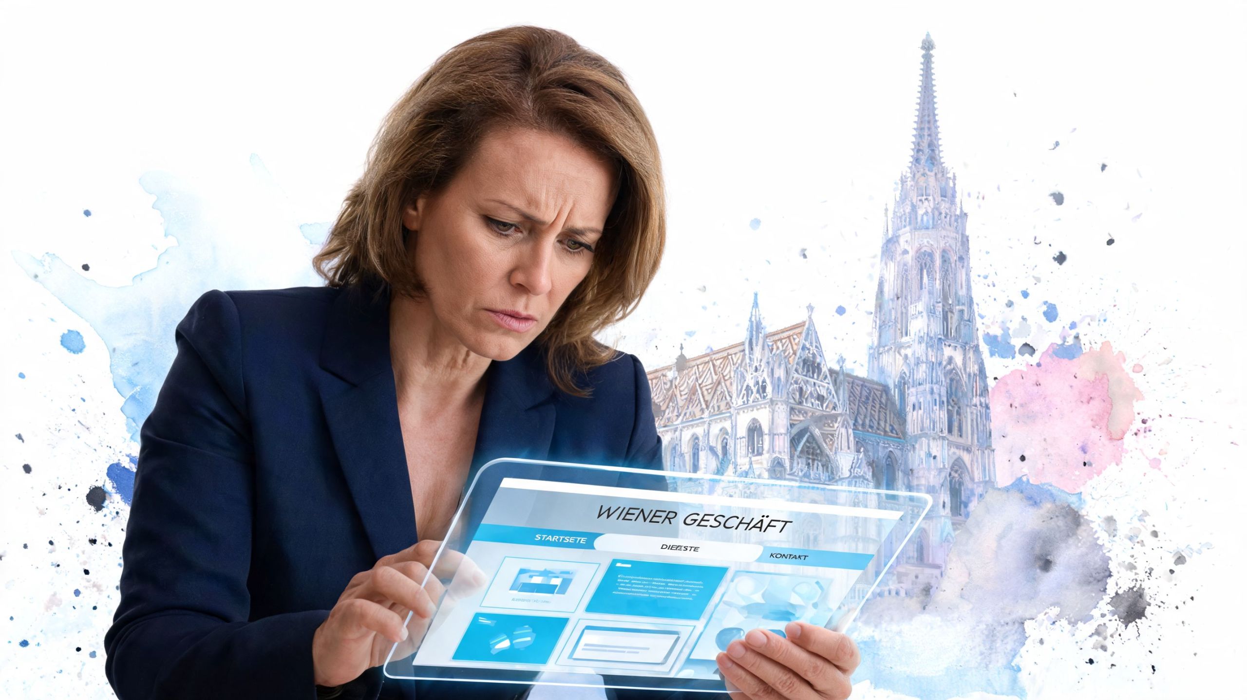 Eine Geschäftsfrau blickt konzentriert auf eine digitale Benutzeroberfläche vor dem Hintergrund des Wiener Stephansdoms.