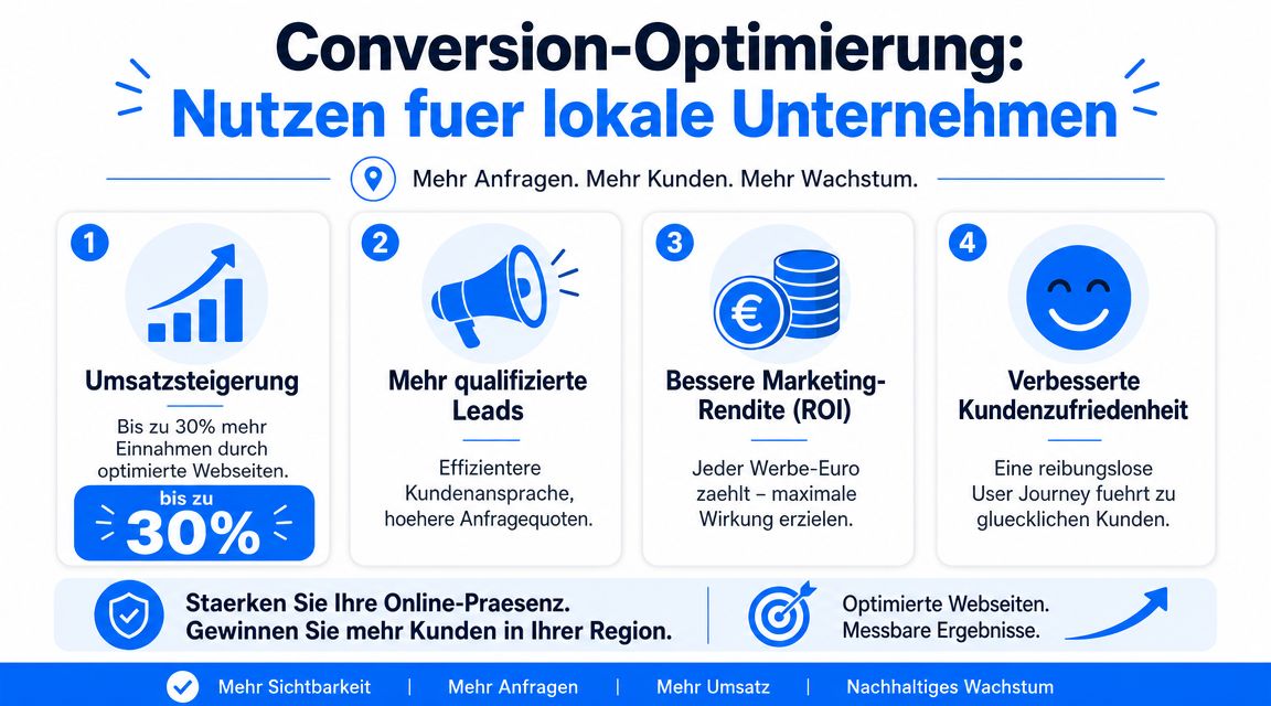 Infografik zur Conversion-Optimierung mit vier Vorteilen für lokale Unternehmen zur Steigerung von Umsatz und Kundenzufriedenheit.