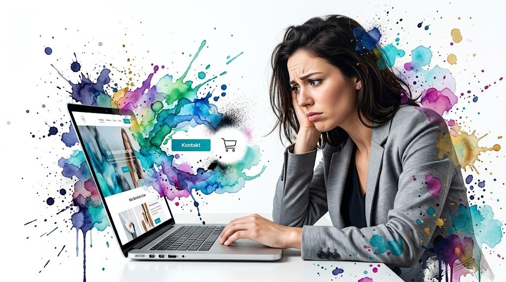 Eine gestresste Geschäftsfrau sitzt vor einem Laptop mit bunten Aquarellspritzern bei der Optimierung ihrer Website.