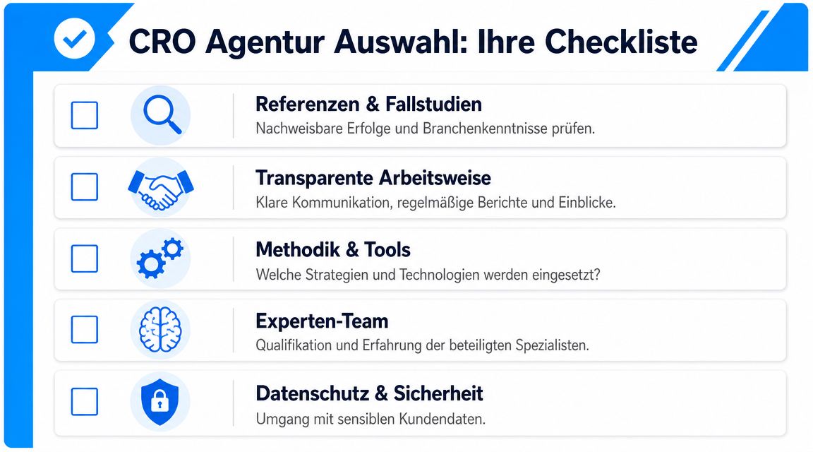 Eine strukturierte Checkliste für die Auswahl einer geeigneten Agentur für Conversion-Optimierung (CRO) mit fünf wichtigen Auswahlkriterien.