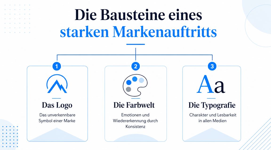 Eine Infografik über die drei wesentlichen Bausteine eines starken Markenauftritts: das Logo, die Farbwelt und die Typografie.