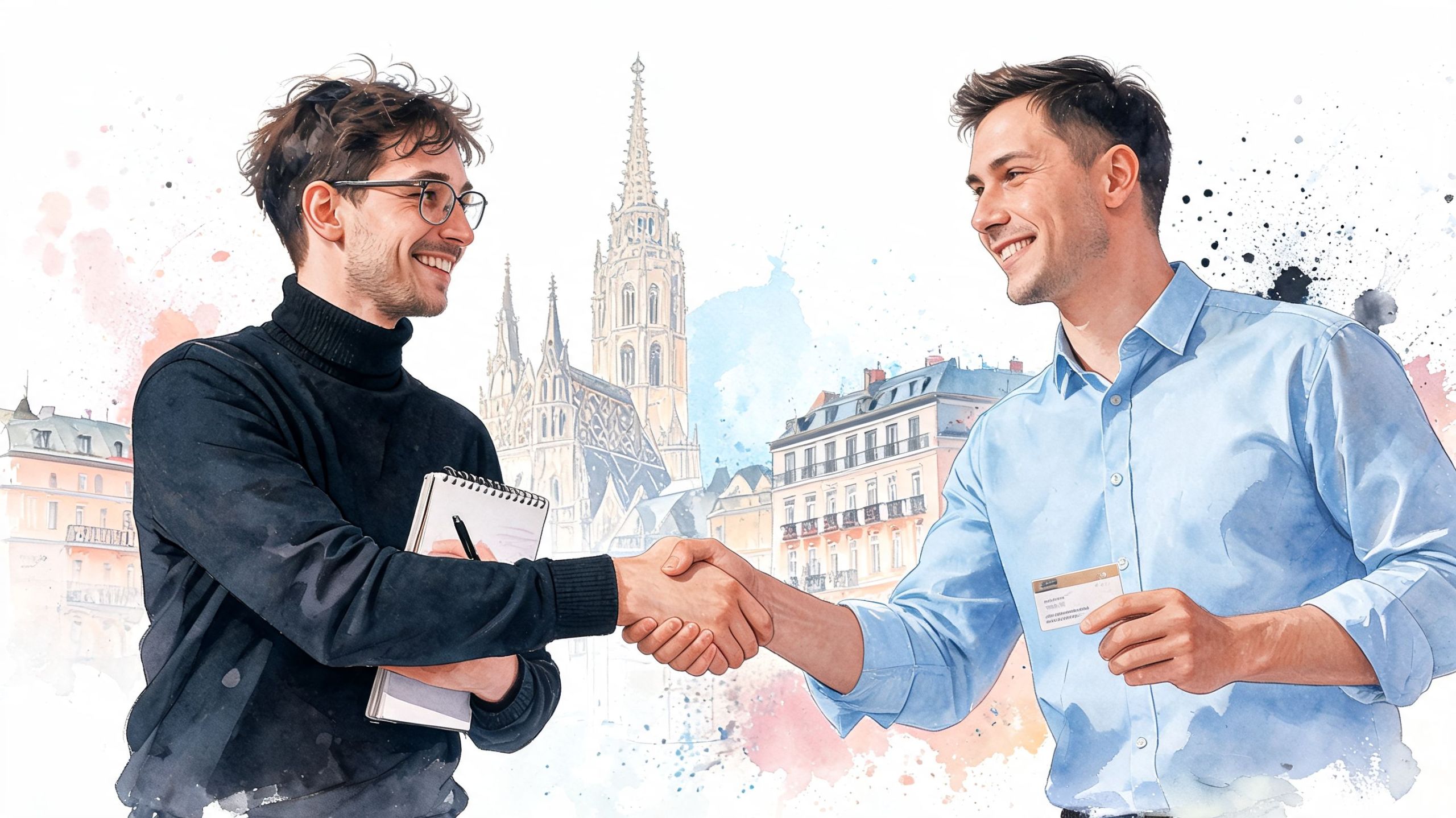 Zwei geschäftliche Partner schütteln sich vor der Wiener Stephansdom-Kulisse freundlich die Hand in einem illustrierten Stil.