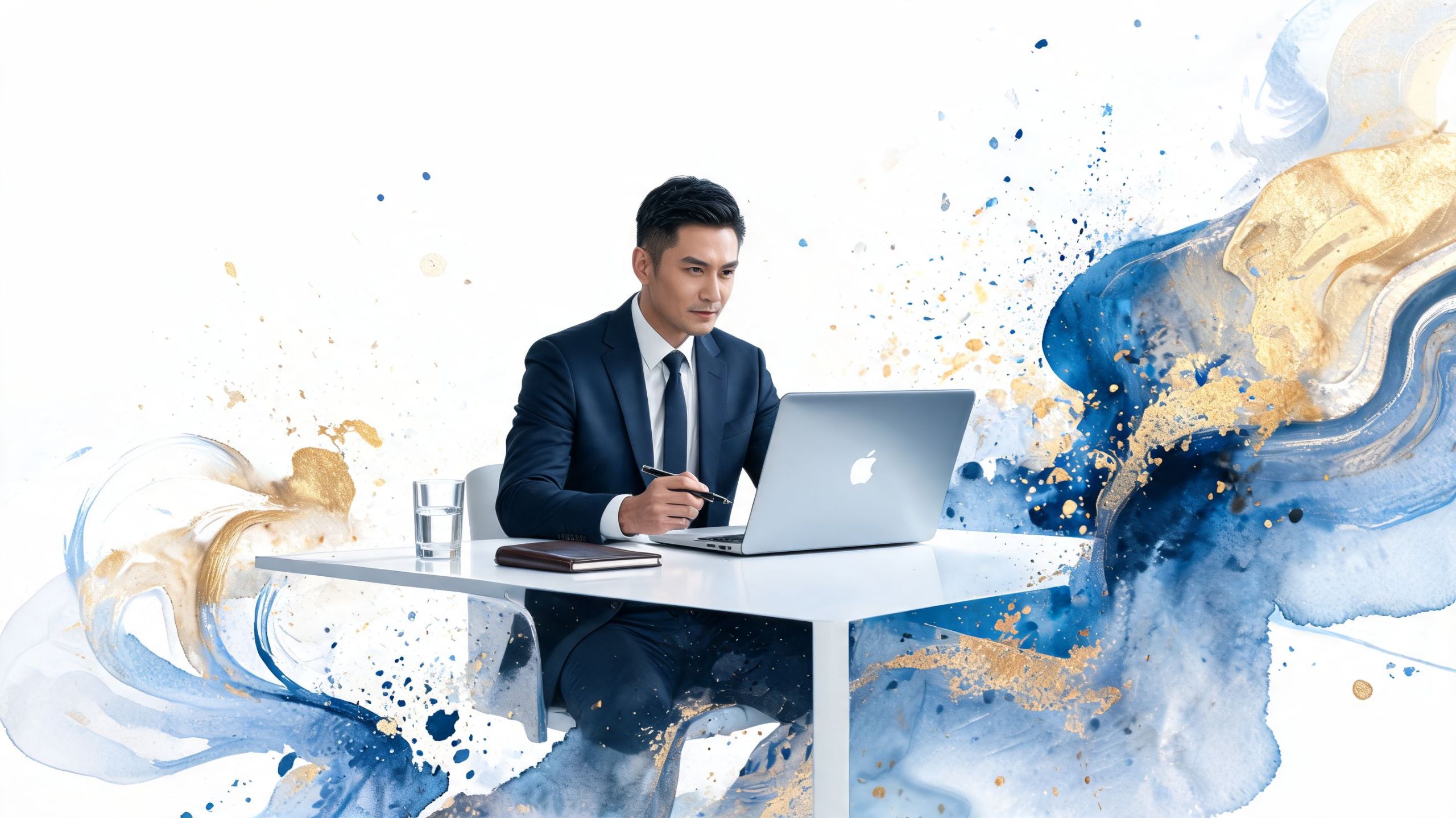 Ein professioneller Geschäftsmann im Anzug arbeitet konzentriert mit einem Laptop an einem modernen, weißen Schreibtisch.