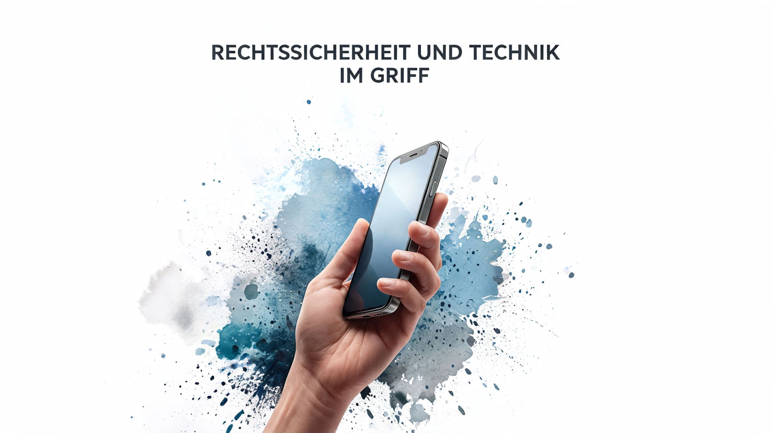 Eine Hand hält ein modernes Smartphone vor einem stilvollen, blauen Aquarellhintergrund mit dem Slogan zur Rechtssicherheit.