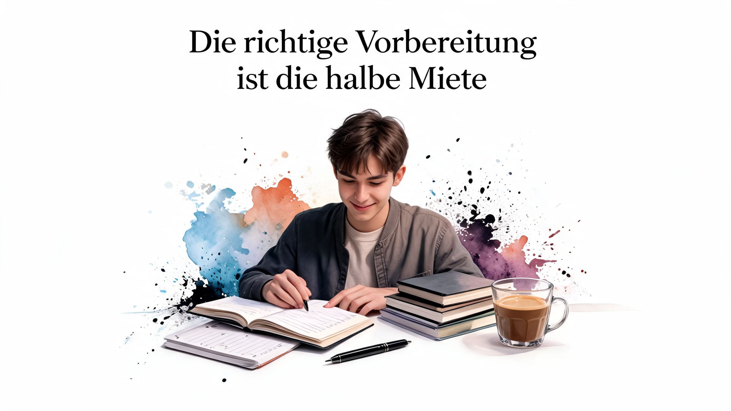 Ein junger Mann lernt konzentriert an einem Schreibtisch mit Notizbüchern, Büchern und einer Tasse Kaffee.