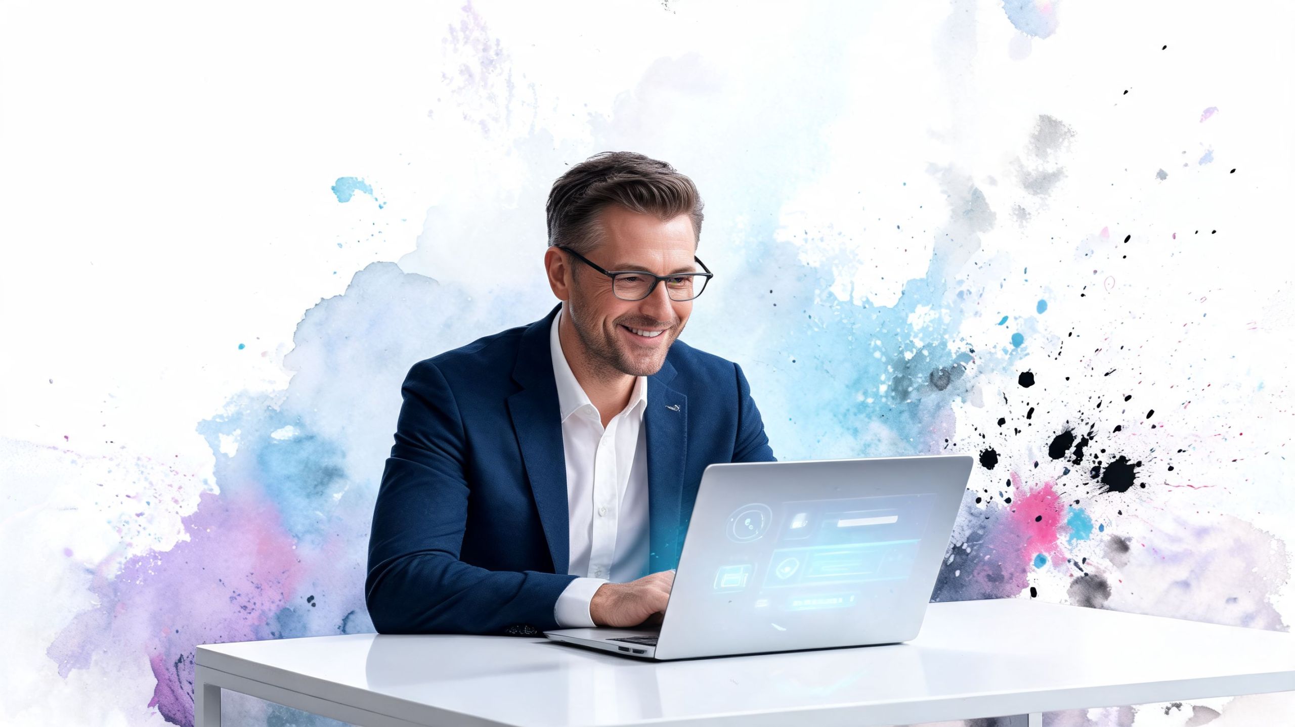 Ein lächelnder Geschäftsmann im Anzug sitzt an einem Schreibtisch und arbeitet an seinem Laptop mit grafischen Benutzeroberflächen.