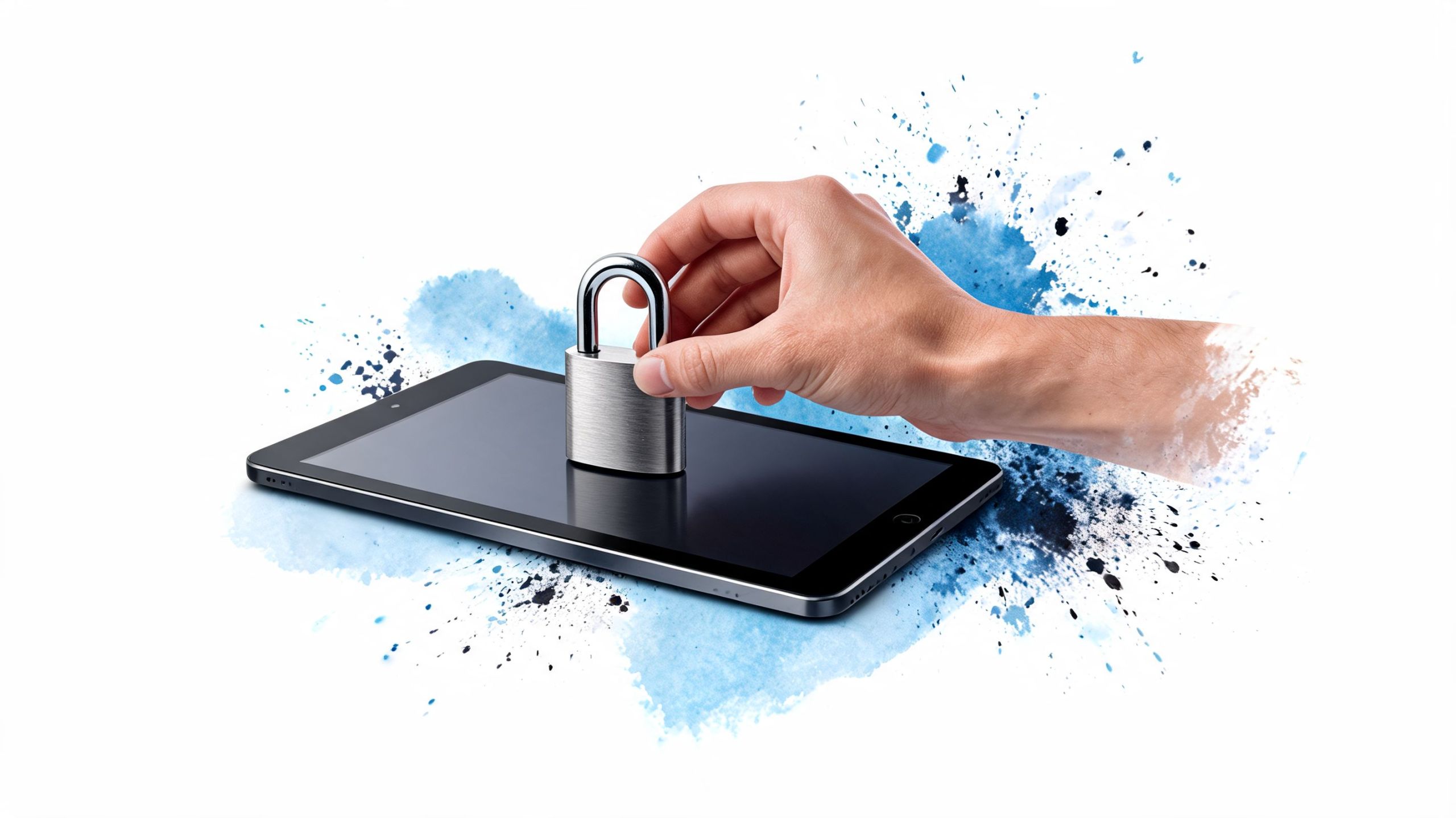 Eine Hand platziert ein Metallschloss auf einem Tablet-Bildschirm, was Sicherheit im digitalen Bereich und Datenschutz symbolisiert.