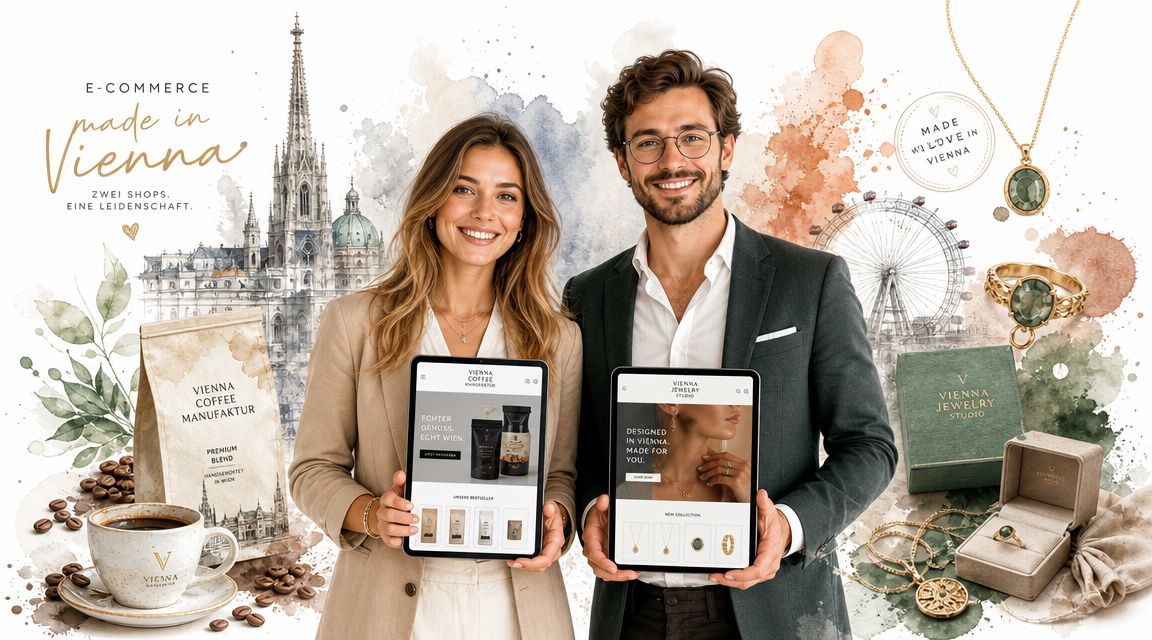 Ein Paar präsentiert E-Commerce-Shops für Kaffee und Schmuck vor einer künstlerischen Illustration von Wiener Sehenswürdigkeiten.