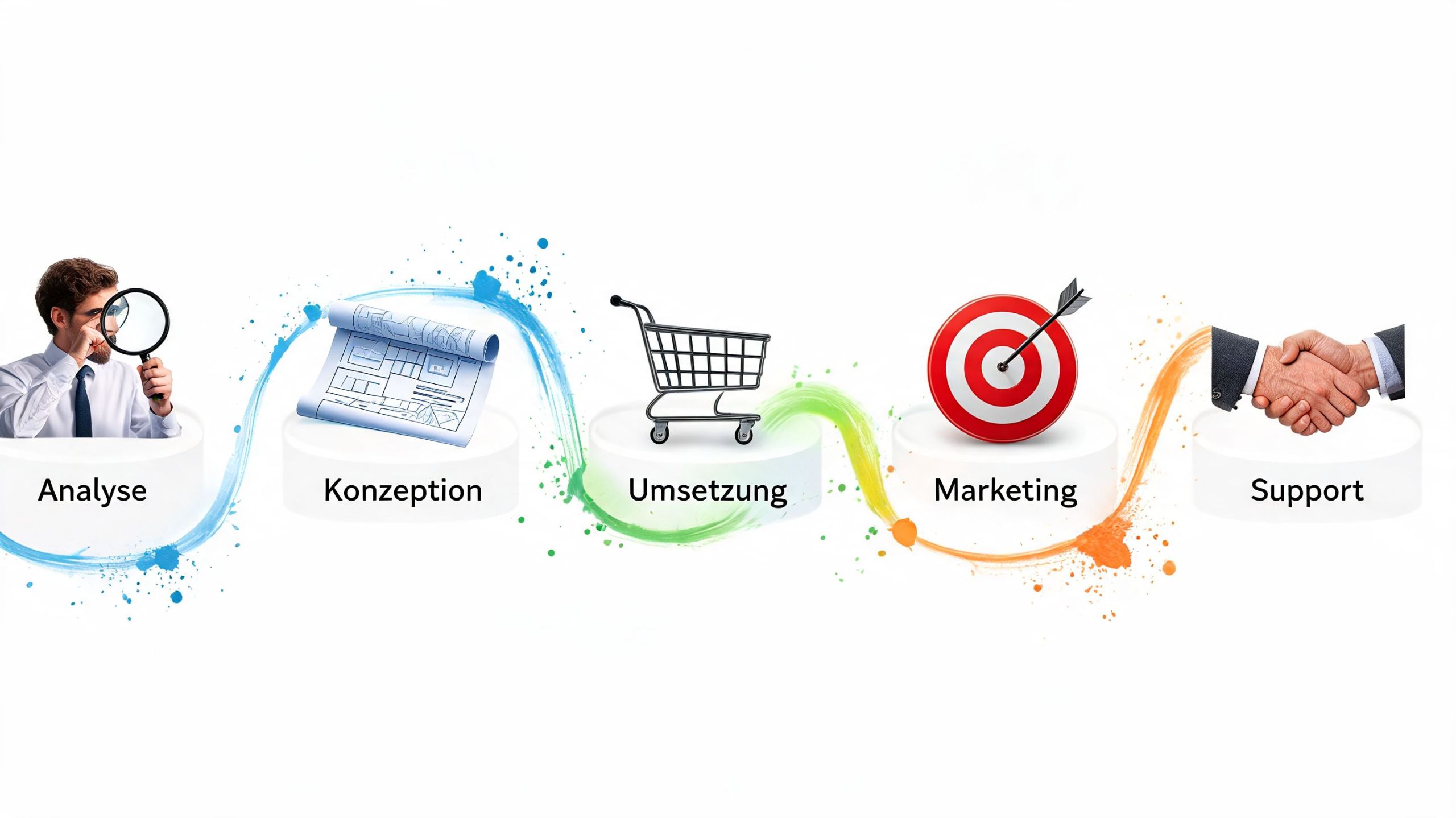 Eine grafische Darstellung der fünf Prozessschritte für E-Commerce-Beratung: Analyse, Konzeption, Umsetzung, Marketing und Support.