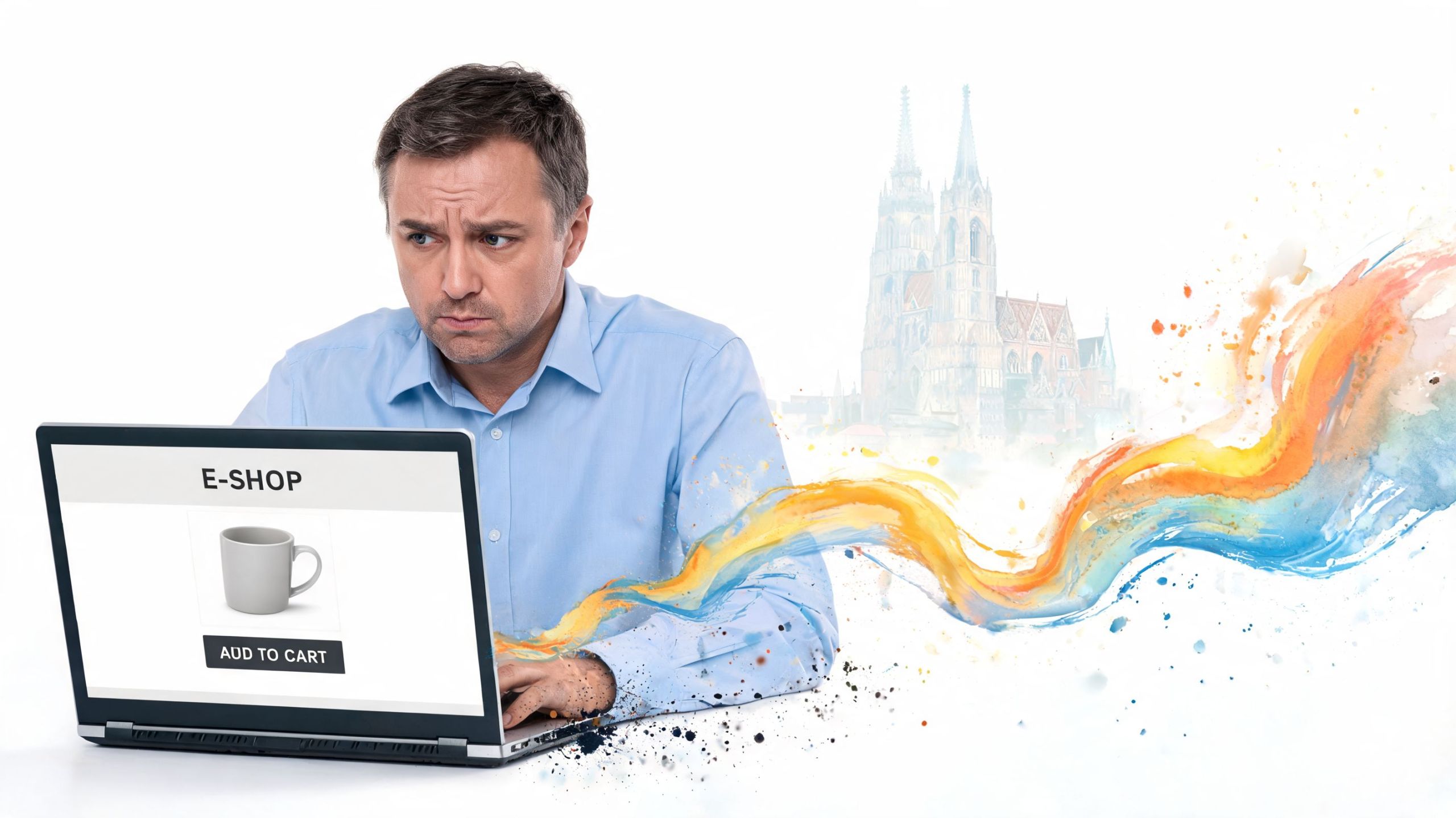 Ein besorgter Mann sitzt an einem Laptop, auf dem ein E-Shop mit einer Kaffeetasse zu sehen ist.