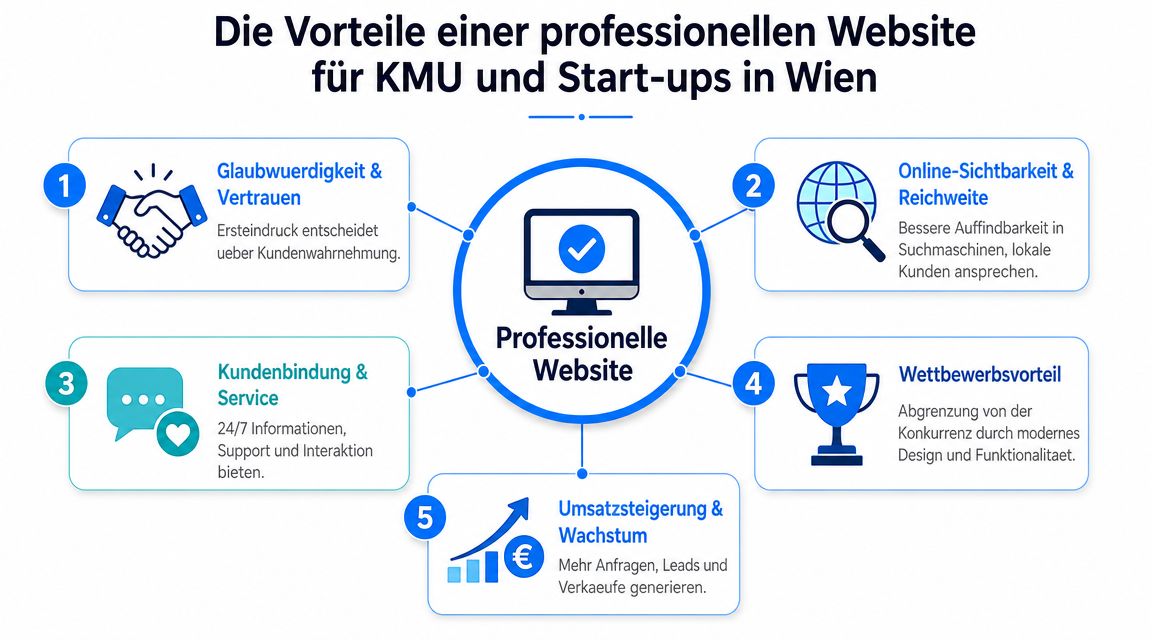 Eine Infografik, die fünf zentrale Vorteile einer professionellen Website für KMU und Start-ups in Wien hervorhebt.