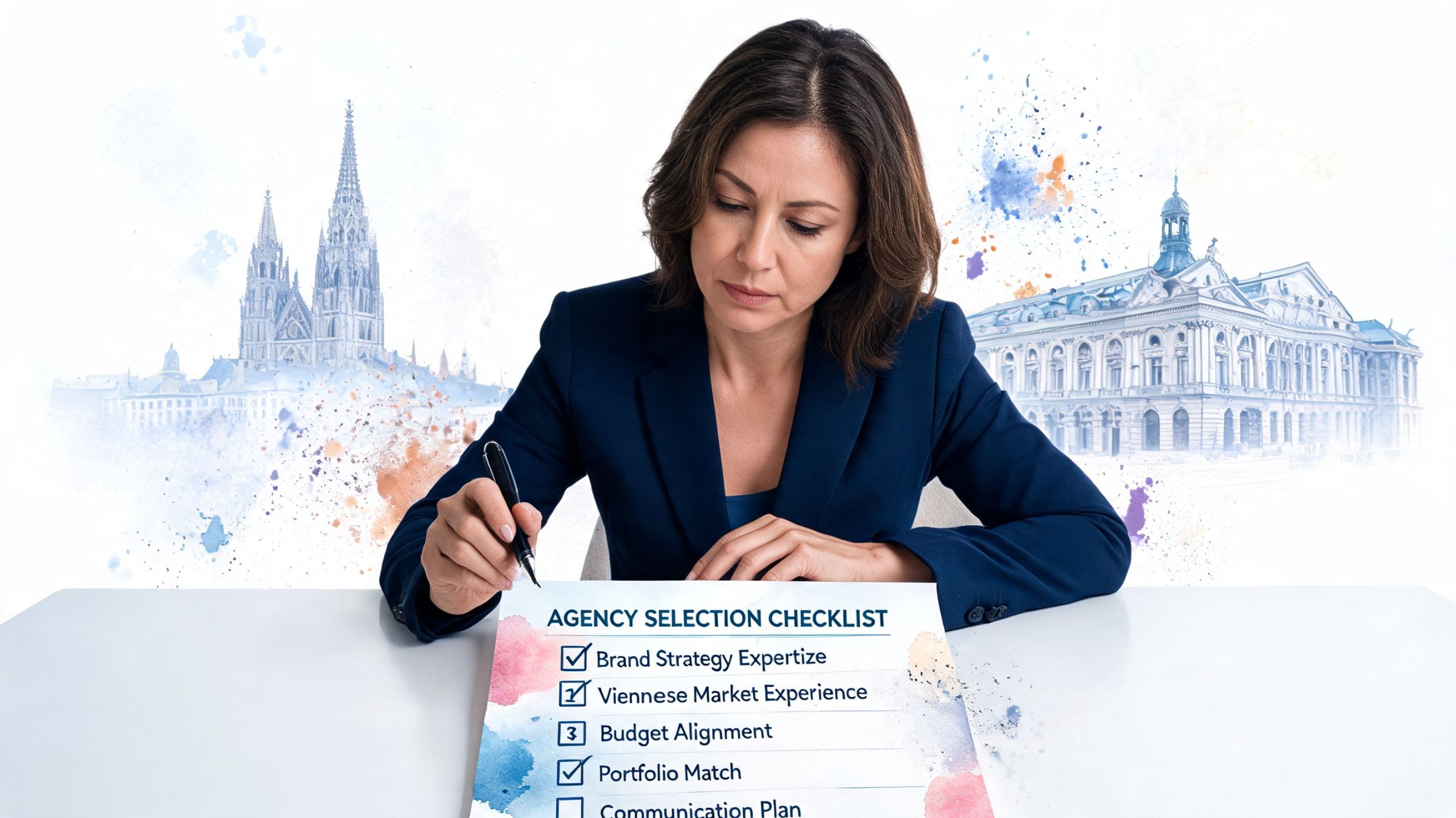 Eine Geschäftsfrau füllt eine Checkliste zur Auswahl einer Werbeagentur in Wien auf einem Schreibtisch aus.