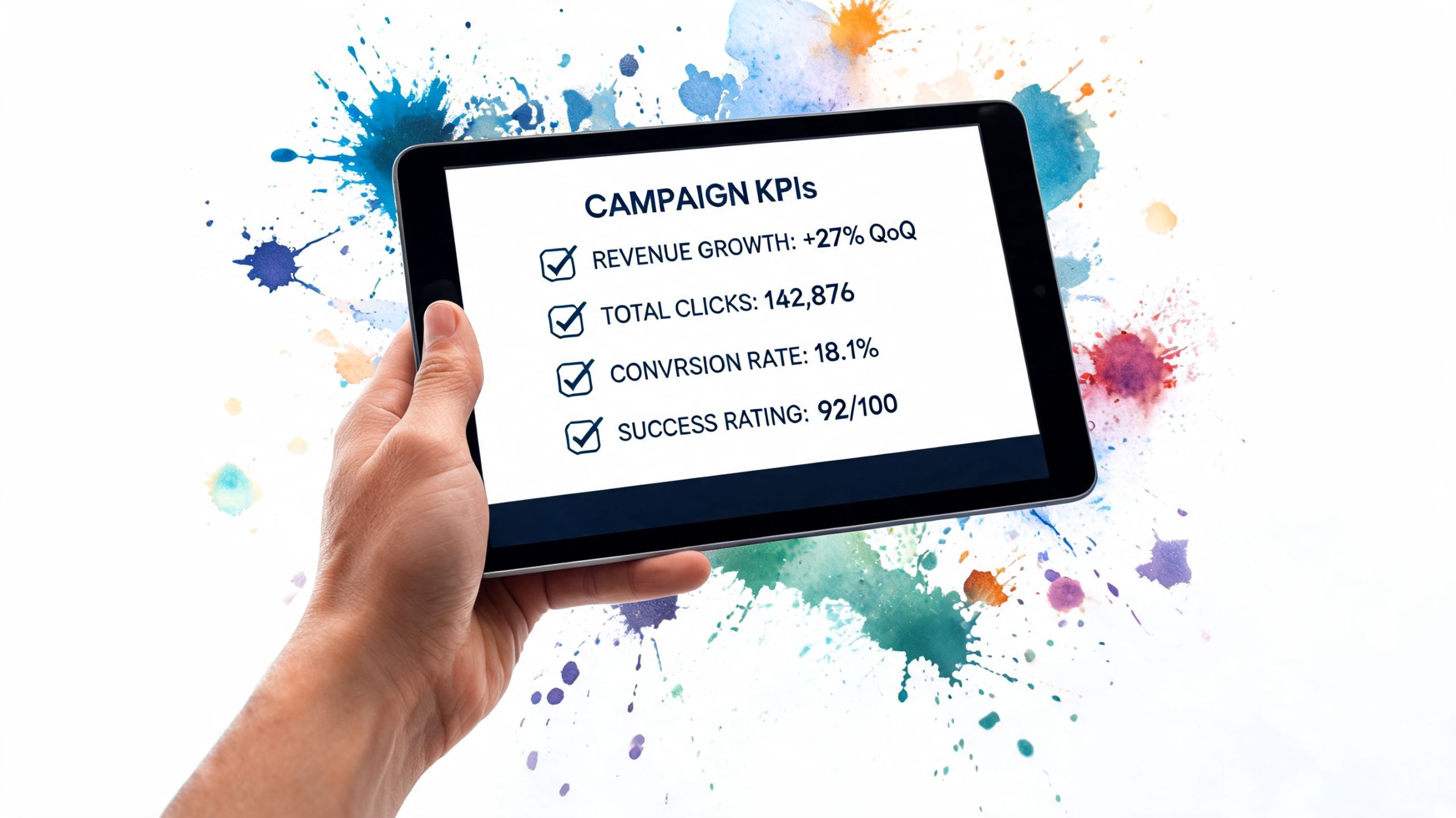 Eine Hand hält ein Tablet, das eine Liste mit verschiedenen digitalen Marketing-Leistungskennzahlen und Ergebnissen anzeigt.