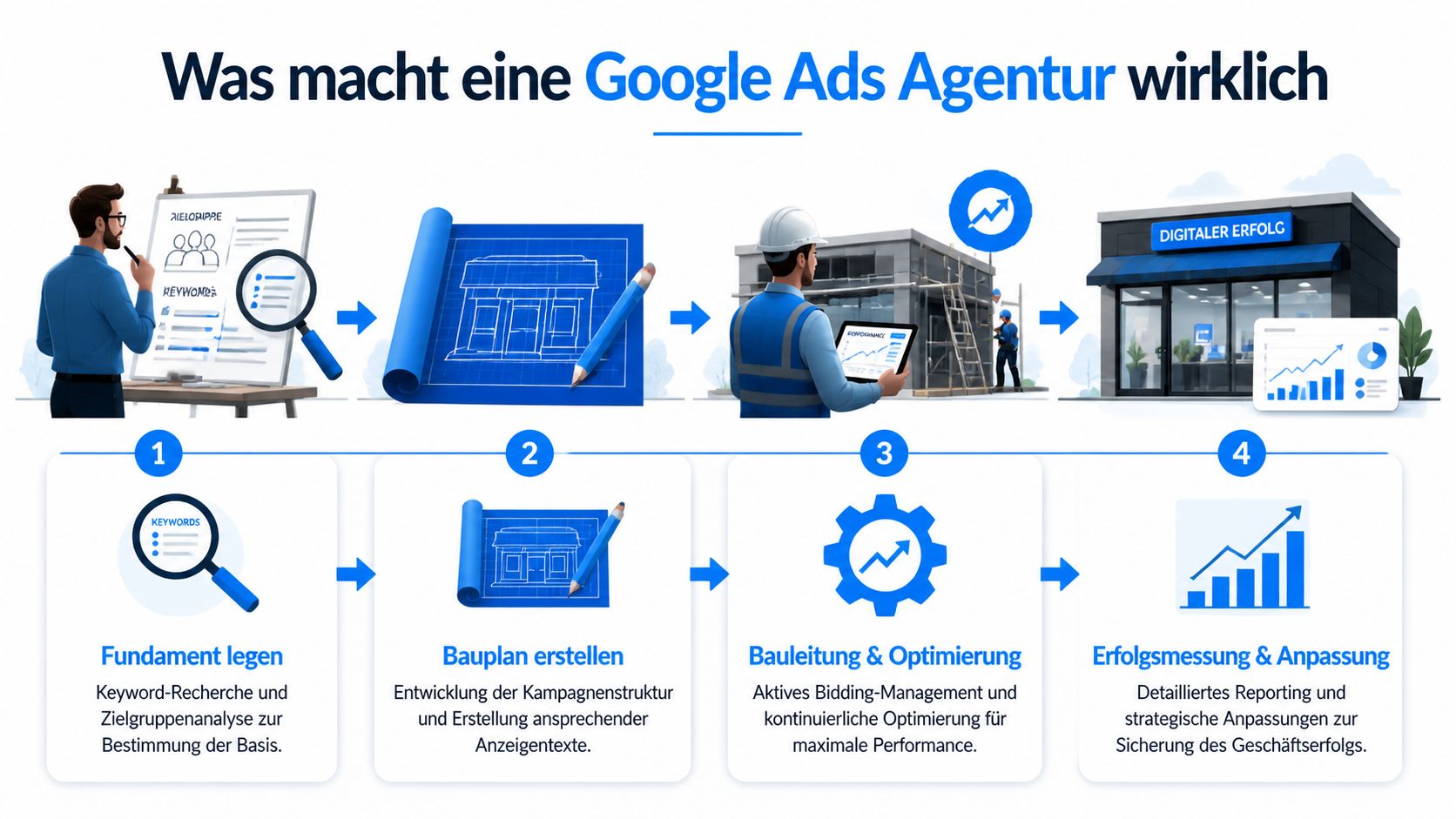 Grafische Darstellung der vier Schritte einer Google Ads Agentur von der Planung bis zur Erfolgsmessung.