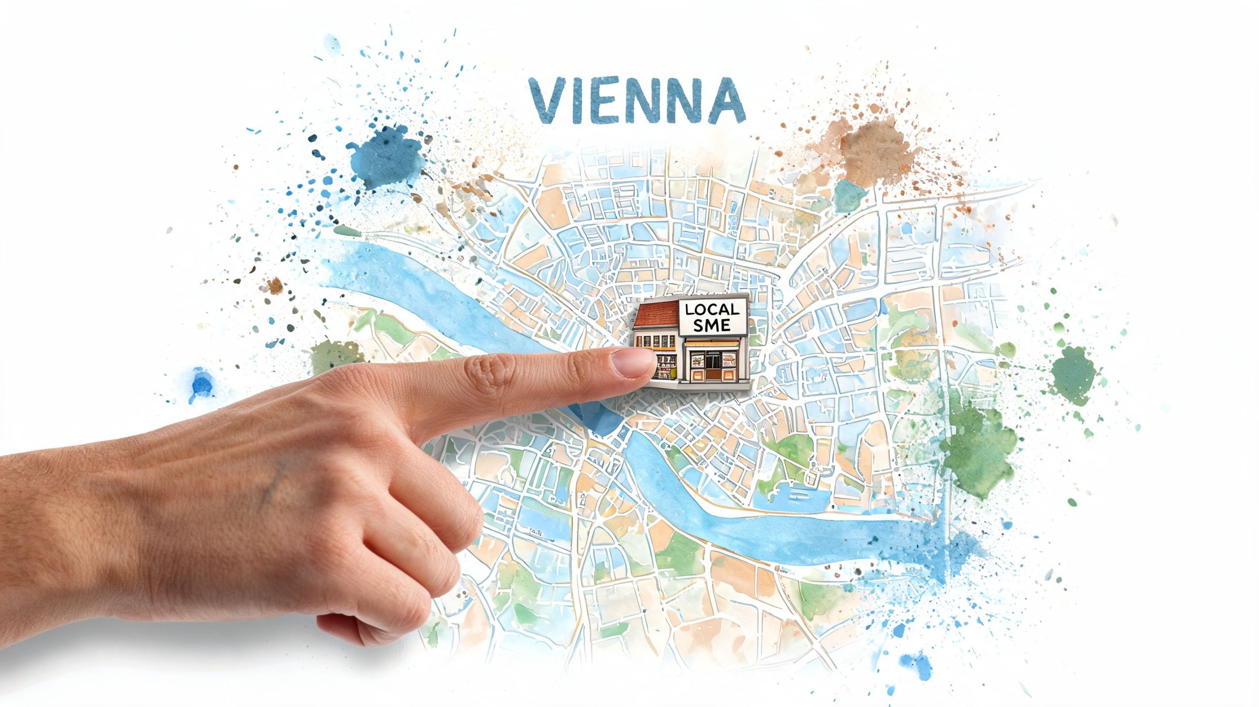 Ein Zeigefinger deutet auf ein lokales kleines Unternehmen auf einer künstlerischen, aquarellartigen Landkarte von Wien.