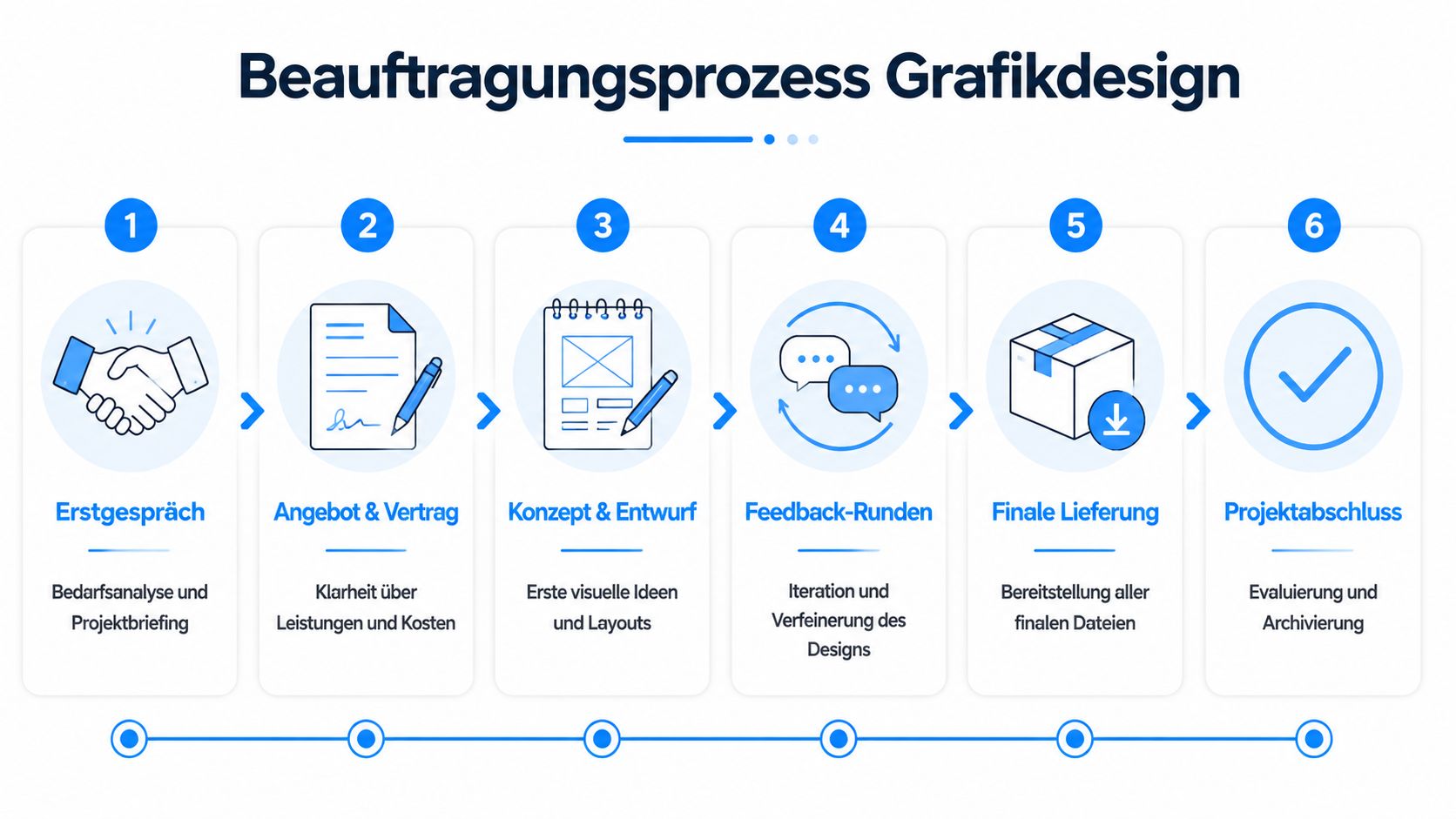 Eine Infografik, die den sechsstufigen Beauftragungsprozess für Grafikdesign-Dienstleistungen von der Erstberatung bis zum Projektabschluss veranschaulicht.