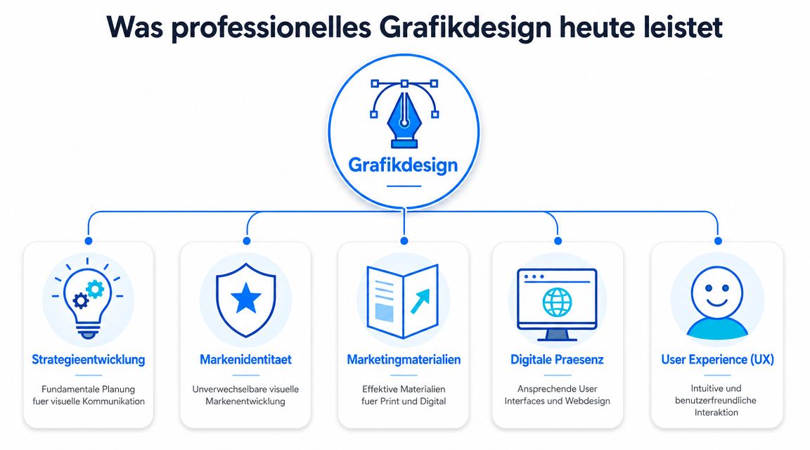 Infografik zeigt die Kernbereiche professionellen Grafikdesigns, inklusive Strategie, Markenidentität, Marketingmaterialien, digitaler Präsenz und User Experience.