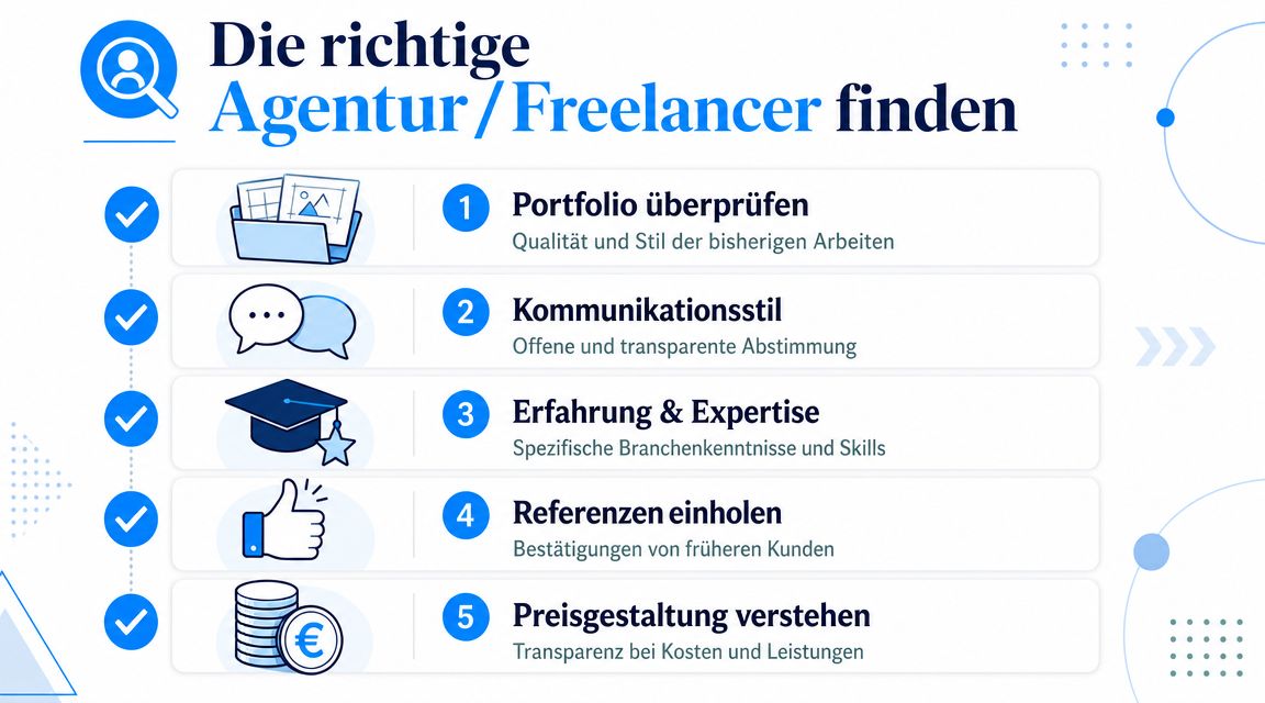 Eine Infografik mit fünf Schritten, um die passende Agentur oder einen geeigneten Freelancer für Projekte zu finden.