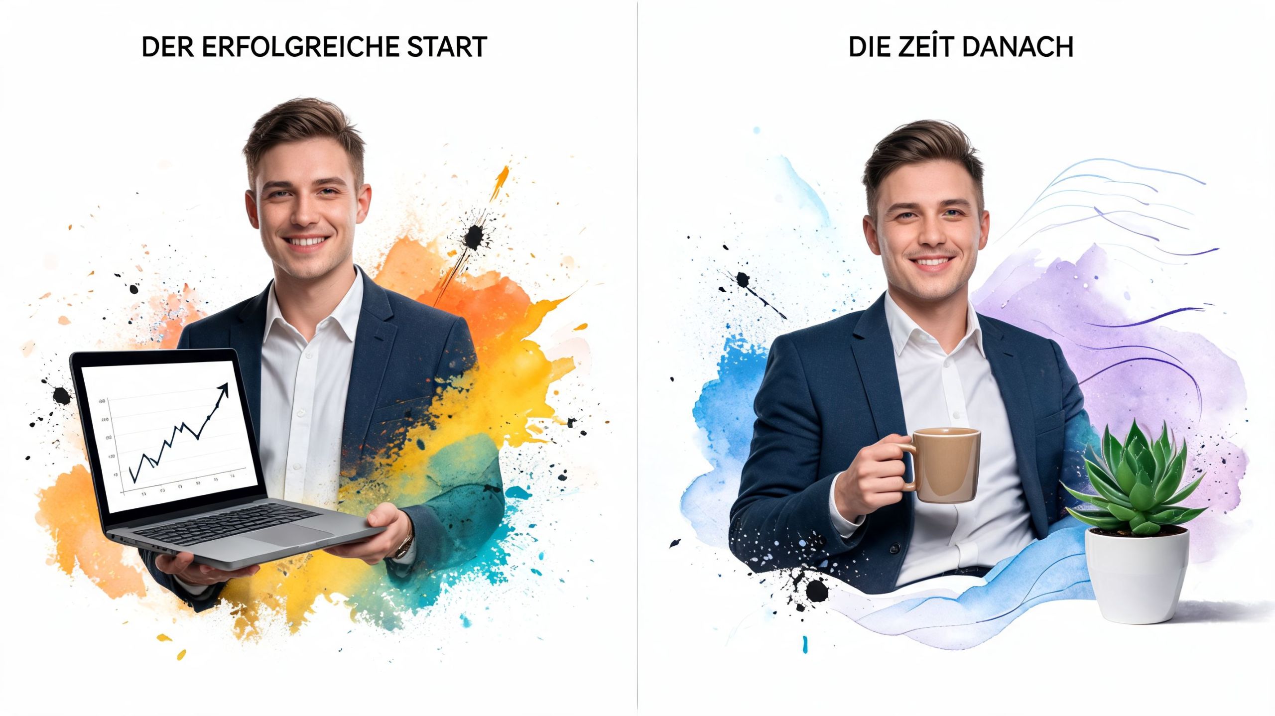 Ein Geschäftsmann präsentiert eine Grafik auf einem Laptop und genießt danach entspannt Kaffee mit einer Pflanze.