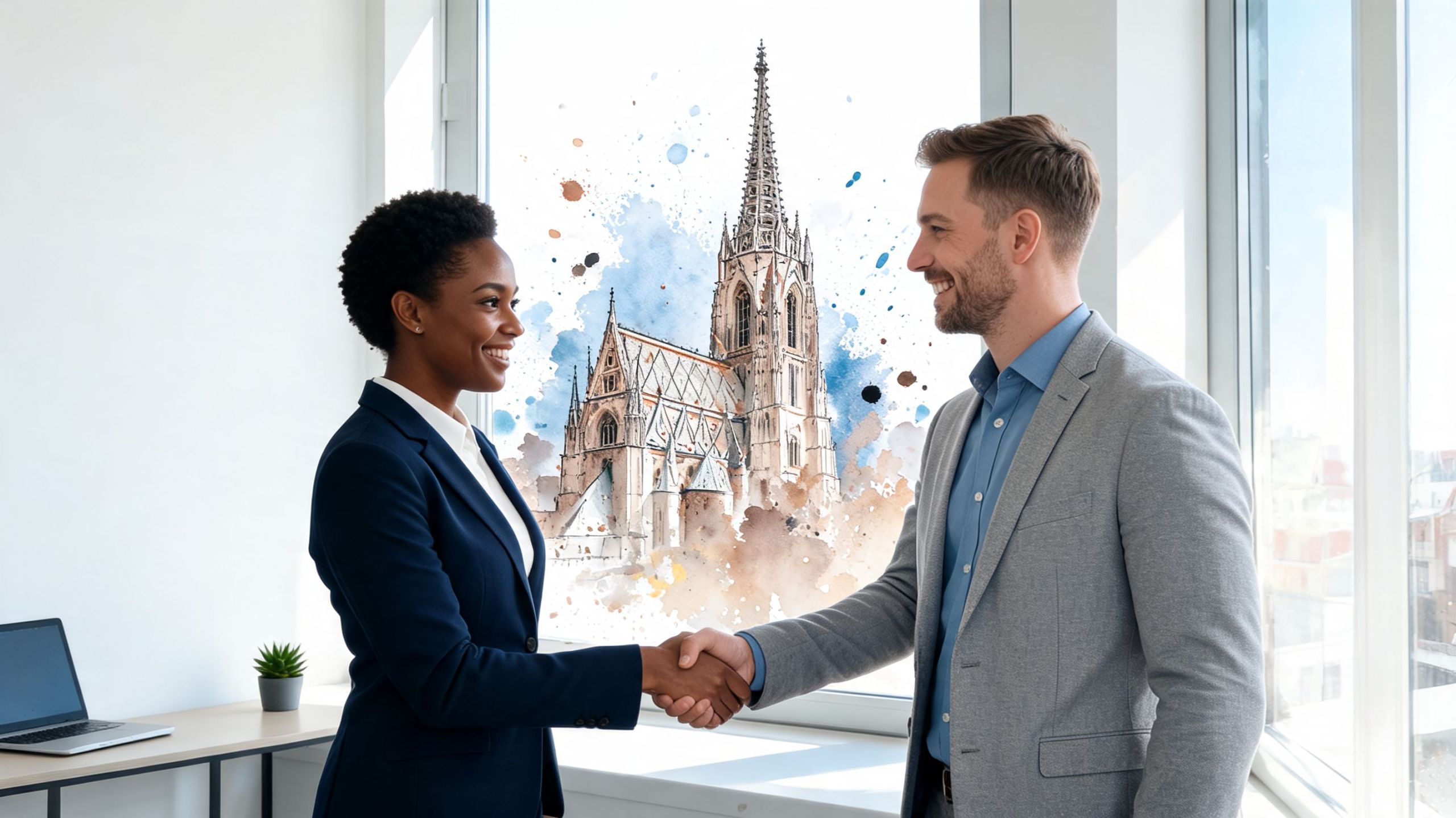 Eine Geschäftsfrau und ein Geschäftsmann schütteln sich in einem Wiener Büro vor einem Kirchenmotiv die Hände.
