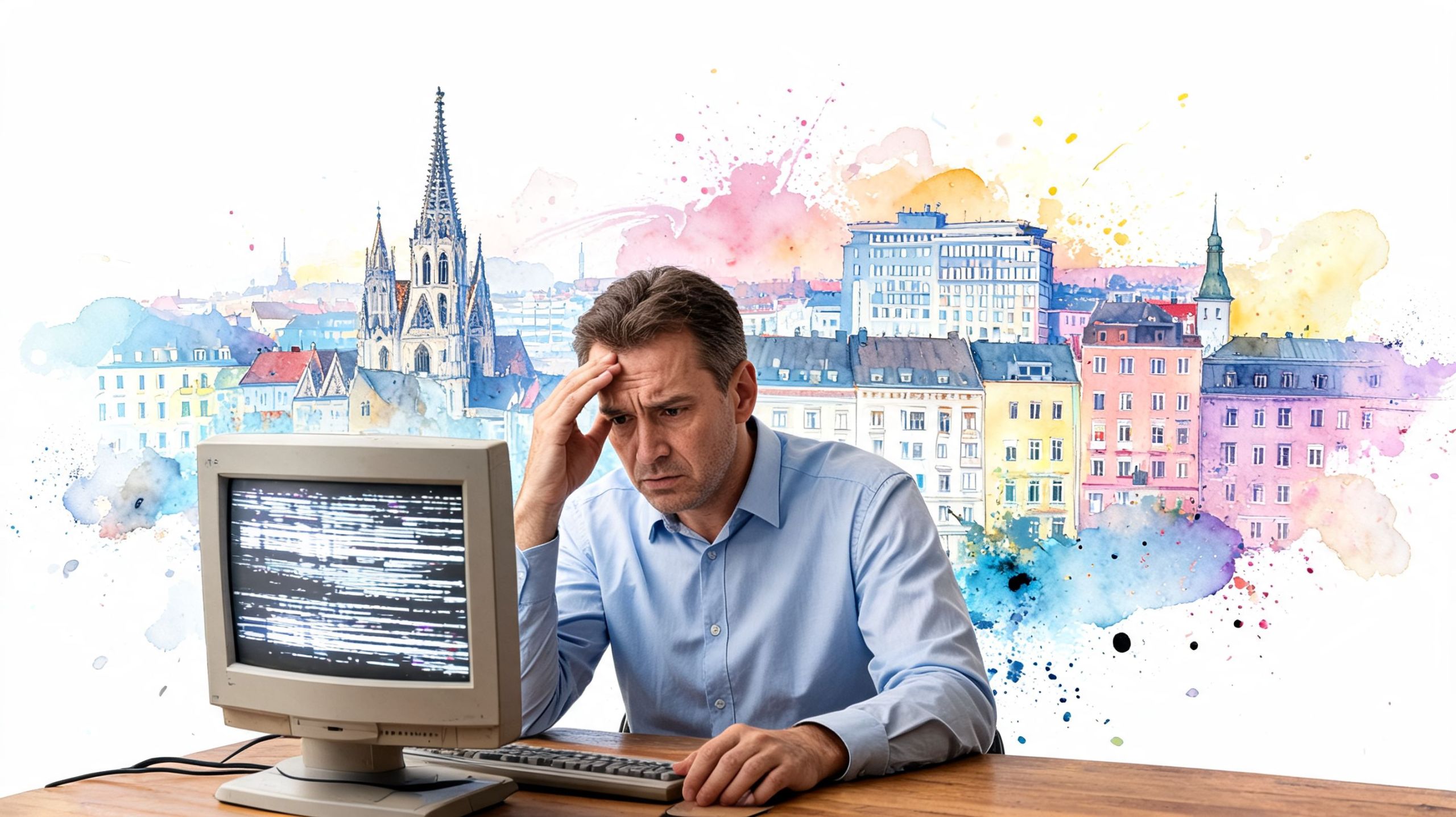 Ein frustrierter Geschäftsmann arbeitet an einem alten Computer vor einer künstlerischen Aquarell-Illustration der Wiener Skyline.