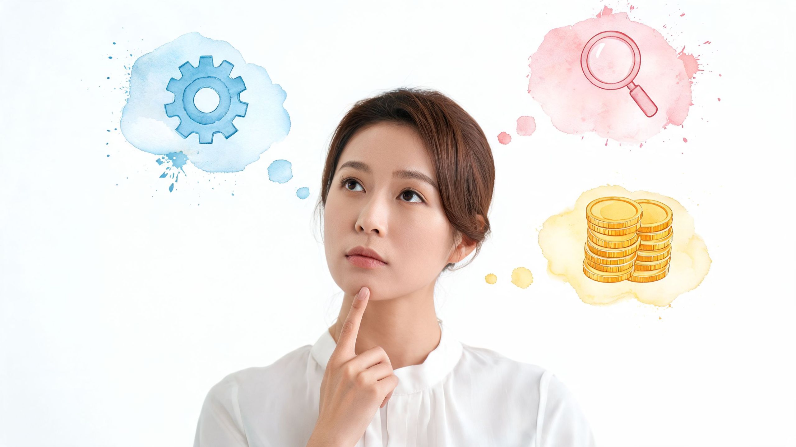 Eine junge Frau denkt nach, visualisiert durch Symbole für Technologie, Forschung und Finanzen in einer Wolke.