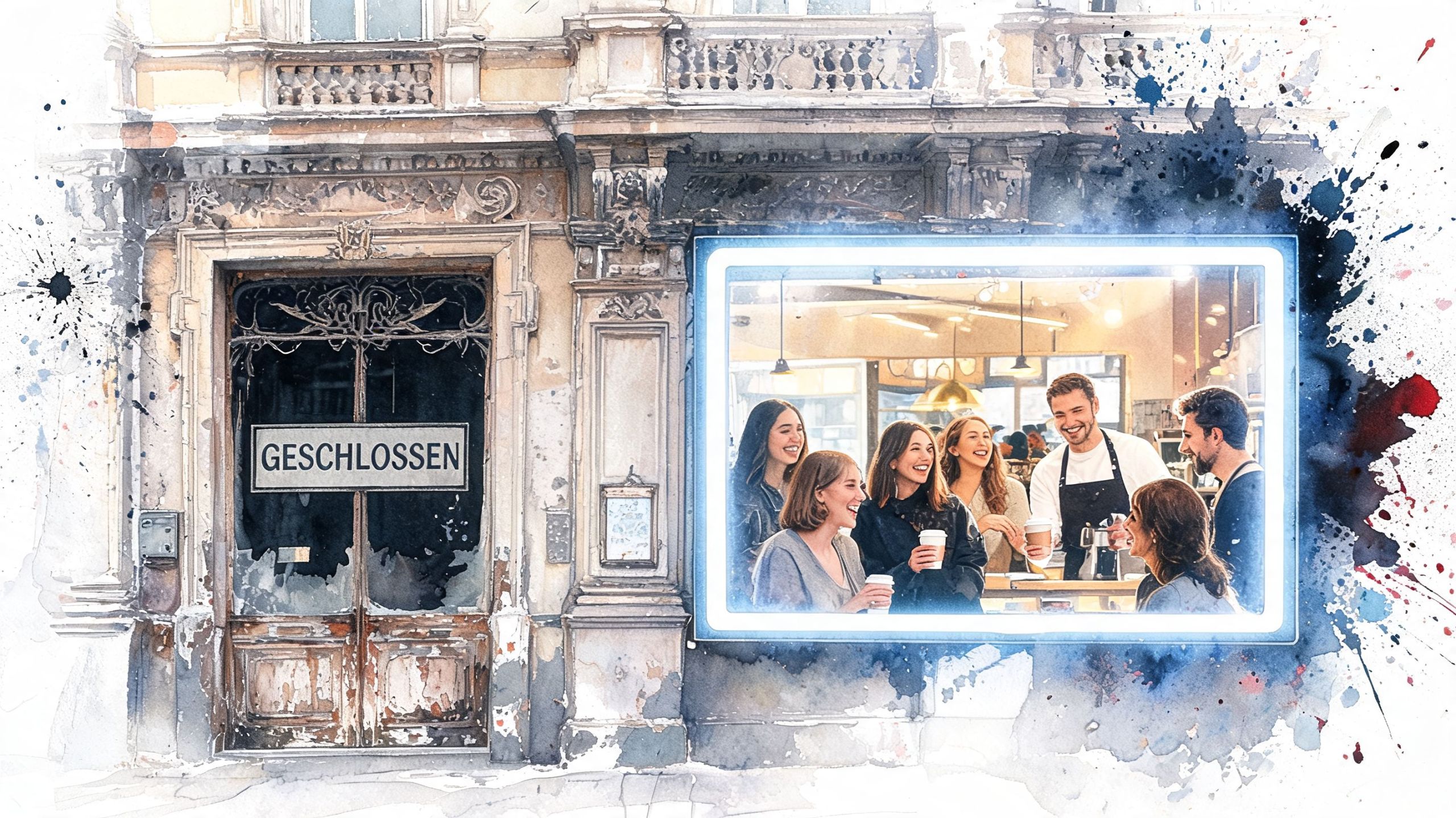 Ein künstlerisch gestaltetes Bild zeigt eine geschlossene Ladentür neben einem Fenster mit glücklichen Menschen in einem Café.