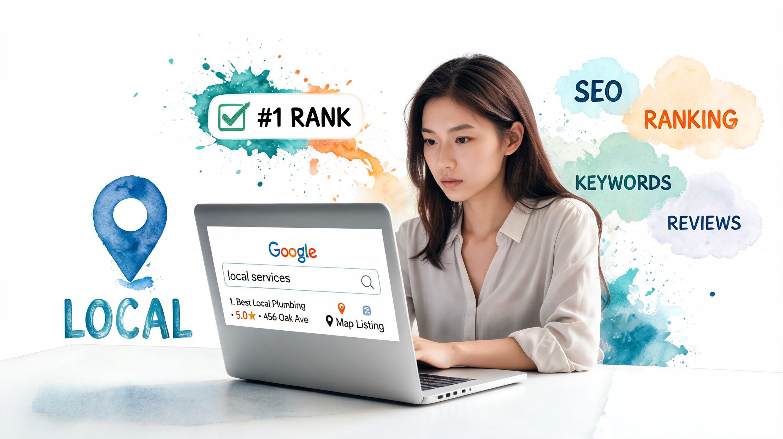 Eine junge Frau arbeitet an ihrem Laptop, um mit lokalen SEO-Maßnahmen ihre Google-Platzierungen effektiv zu verbessern.