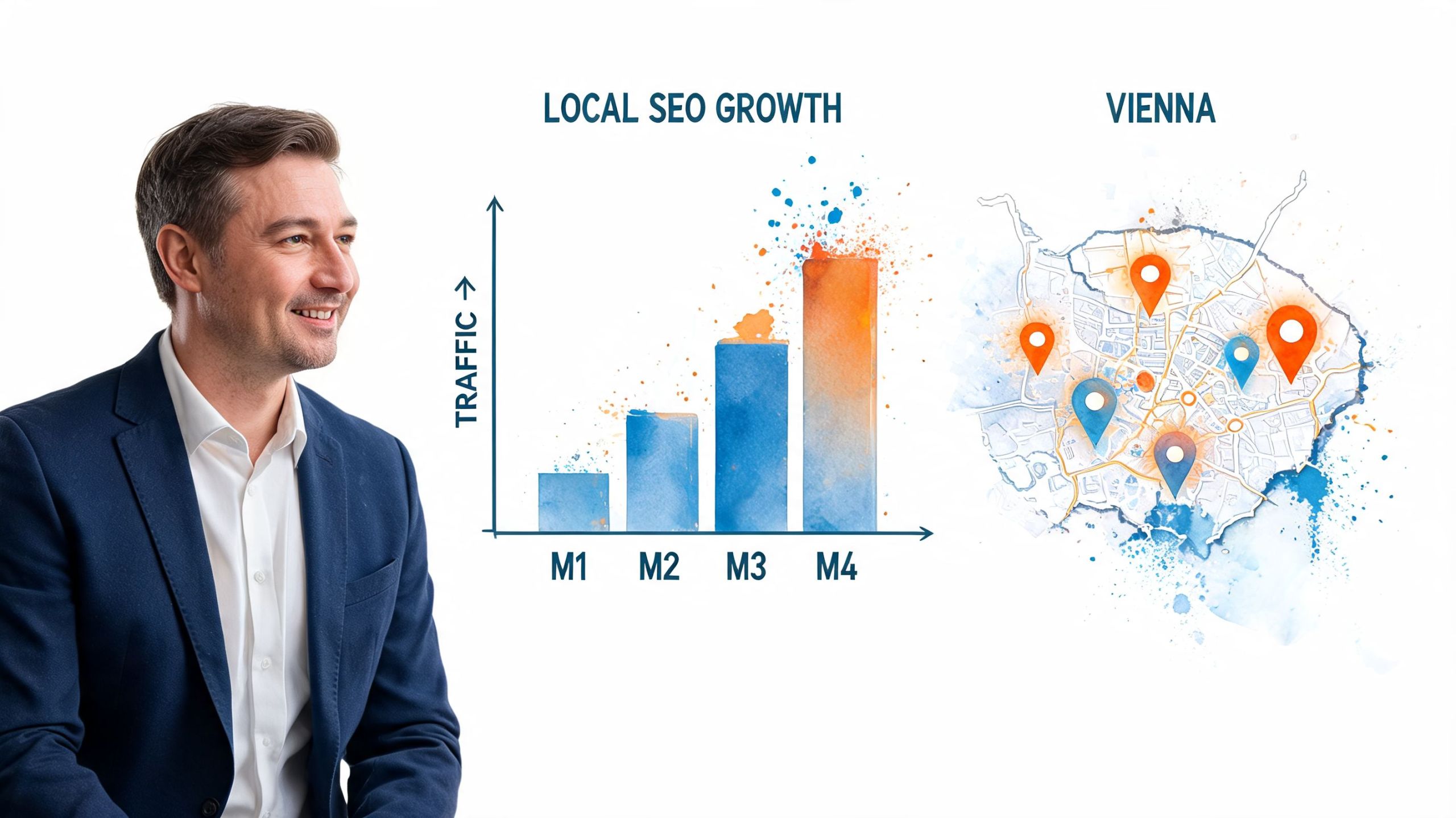 Ein lächelnder Geschäftsmann betrachtet eine Grafik zum lokalen SEO-Wachstum und eine Karte von Wien mit Standortmarkierungen.