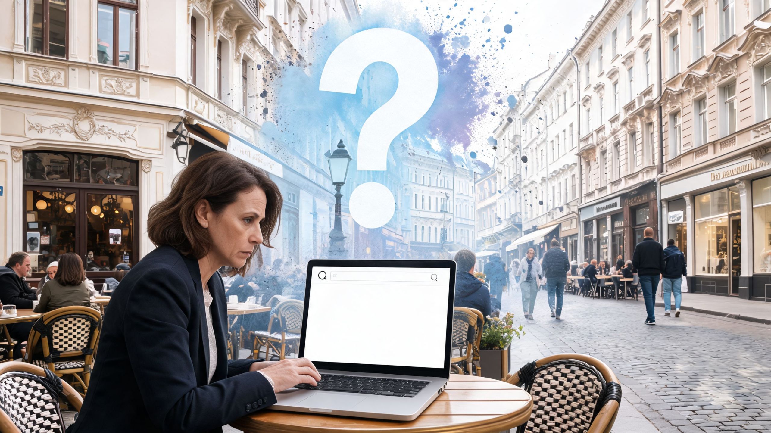 Eine Geschäftsfrau sitzt in einem Straßencafé und arbeitet konzentriert an ihrem Laptop vor einer Stadtkulisse.