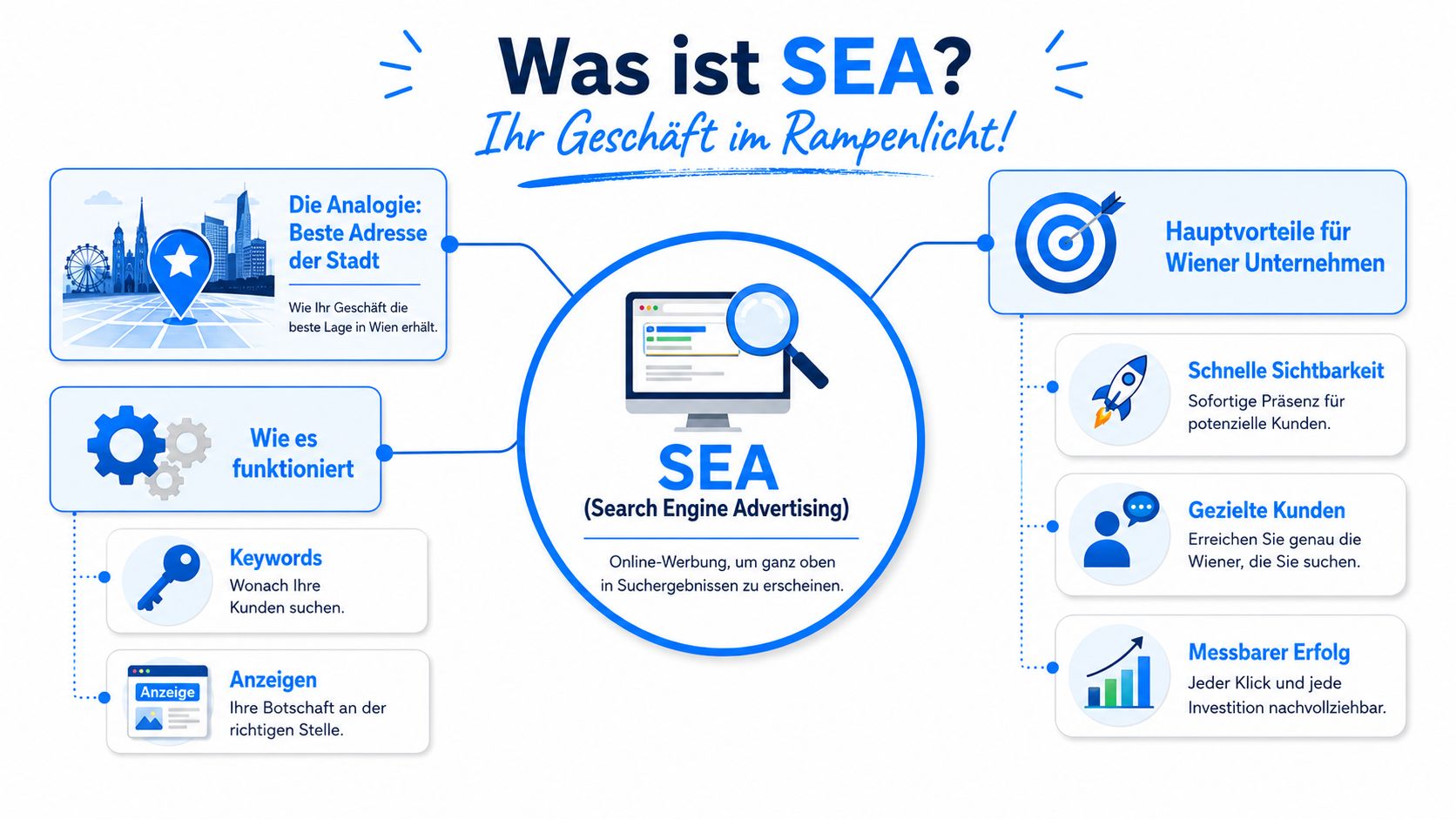Eine Infografik erklärt die Grundlagen von SEA und wie Wiener Unternehmen davon profitieren können.
