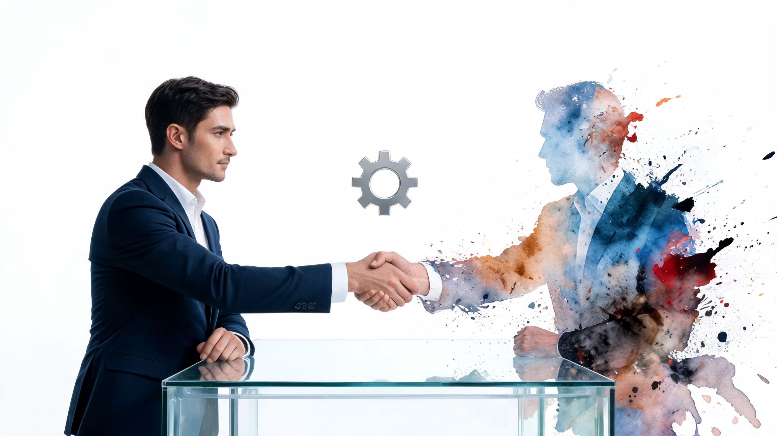Ein Geschäftsmann schüttelt einem aus Farbspritzern bestehenden, abstrakten digitalen Partner die Hand an einem Glastisch.