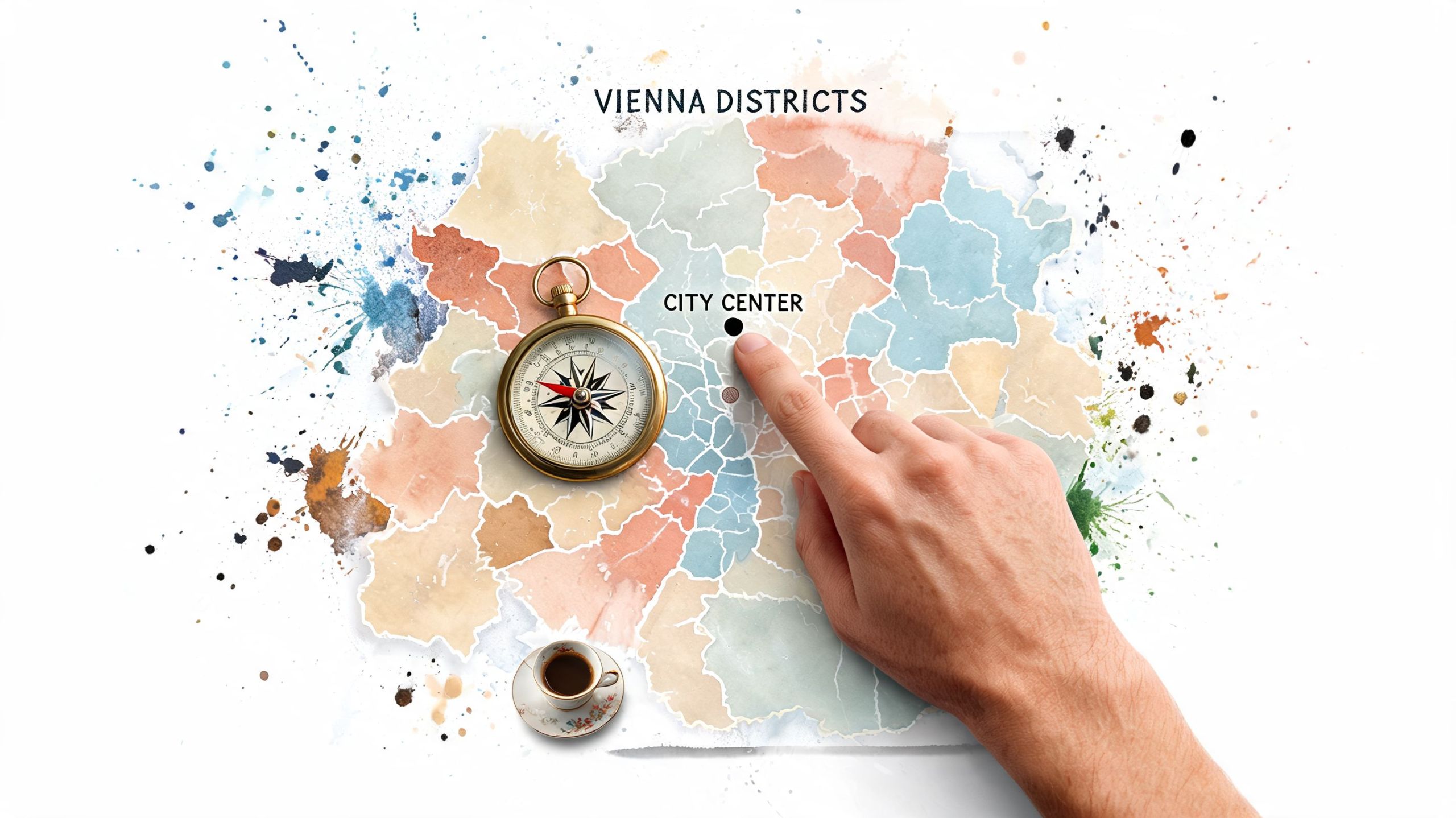 Eine Hand deutet auf den Stadtkern von Wien auf einer stilisierten künstlerischen Karte mit Kompass und Espressotasse.